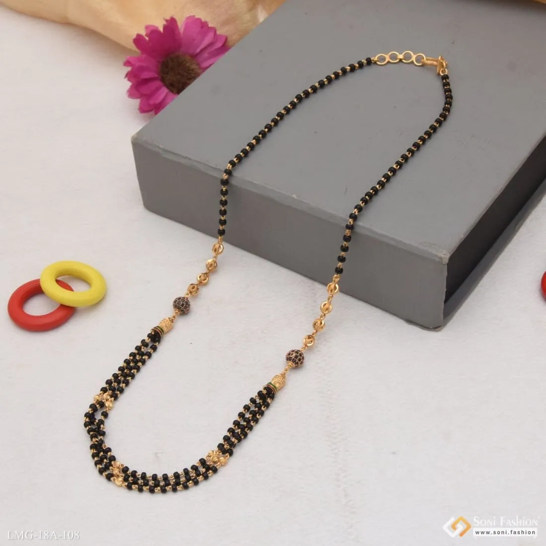 1 Gram Gold Forming Hand-finished Design 3 Line Mangalsutra For Women - Style A108