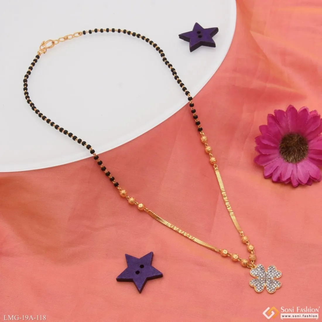 1 Gram Gold Forming Hearts with Diamond High-Class Design Mangalsutra - Style A118