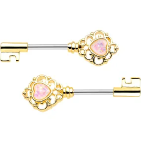 1/2 White Faux Opal Gold Tone Heart Key Barbell Nipple Ring Set