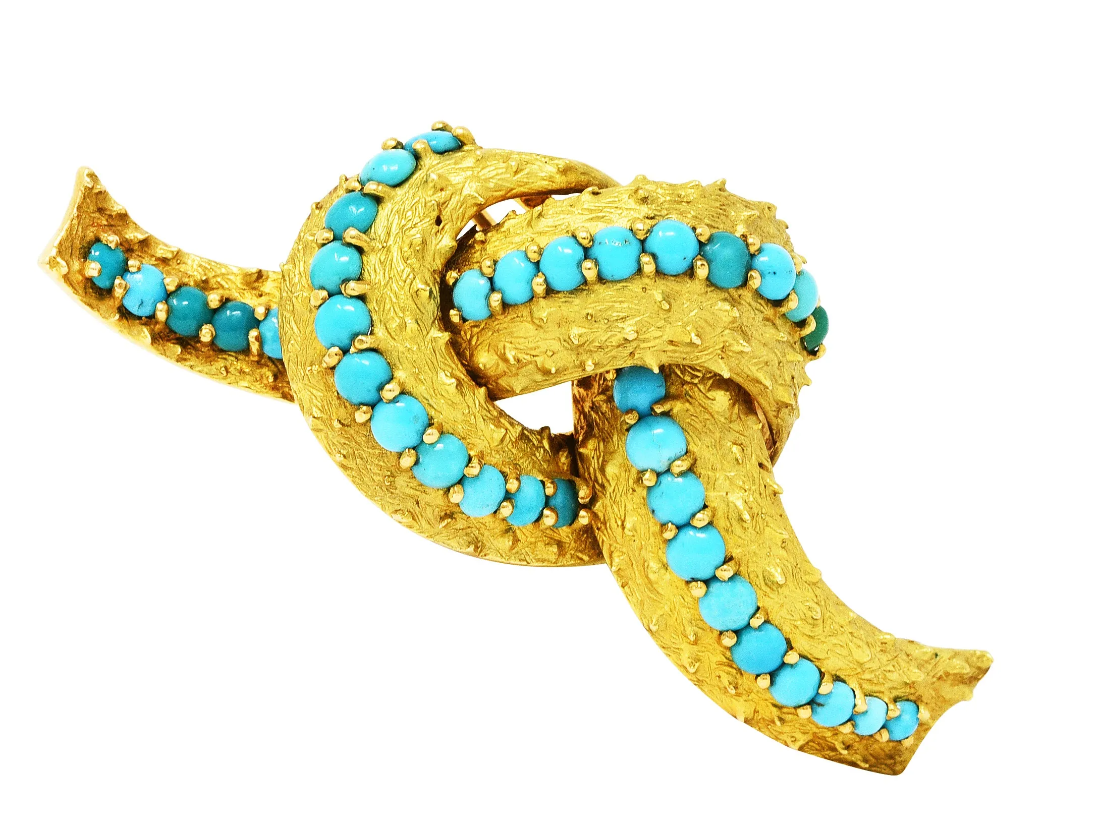 1960's French Vintage Turquoise 18 Karat Gold Knot Brooch