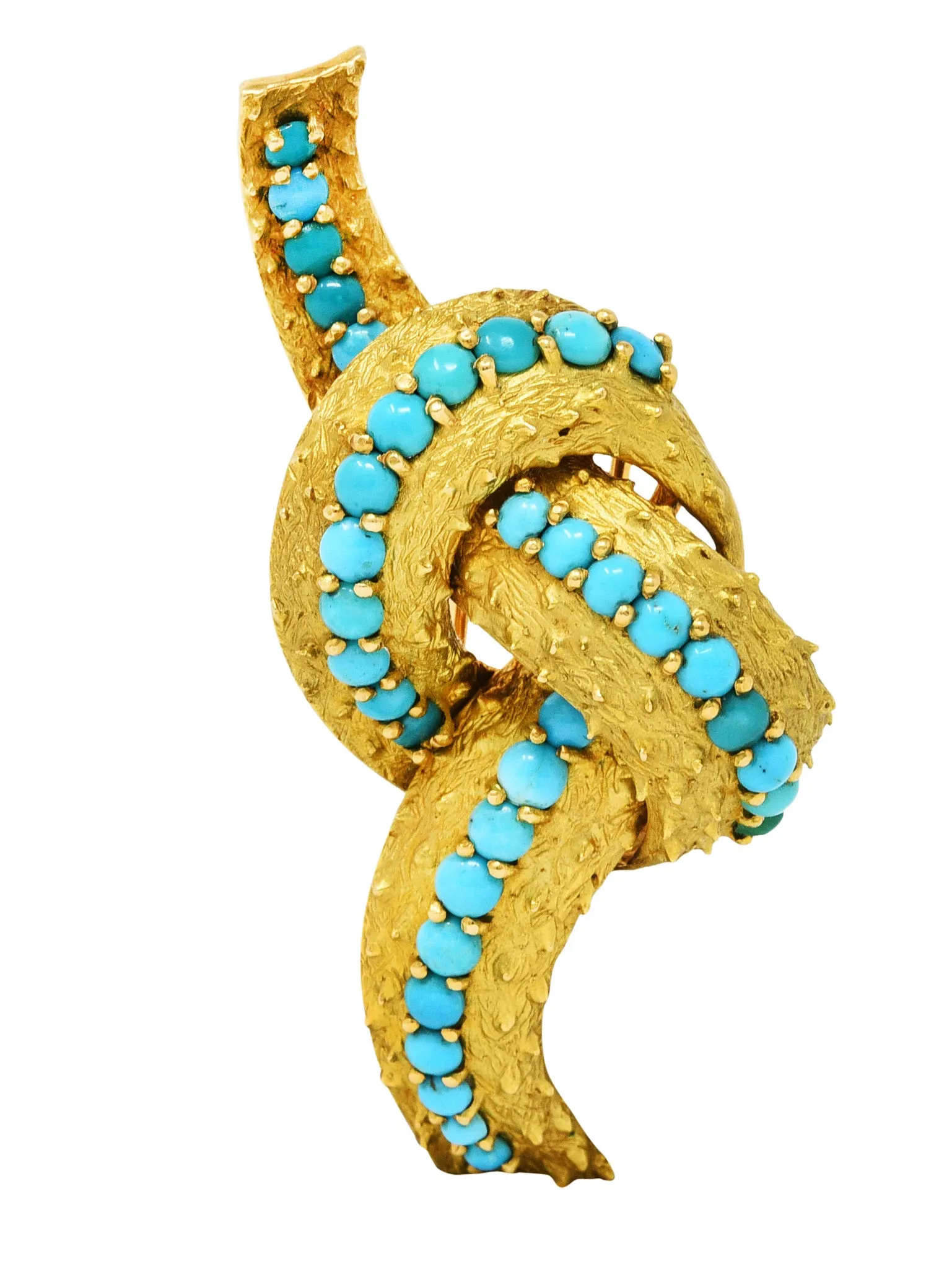 1960's French Vintage Turquoise 18 Karat Gold Knot Brooch