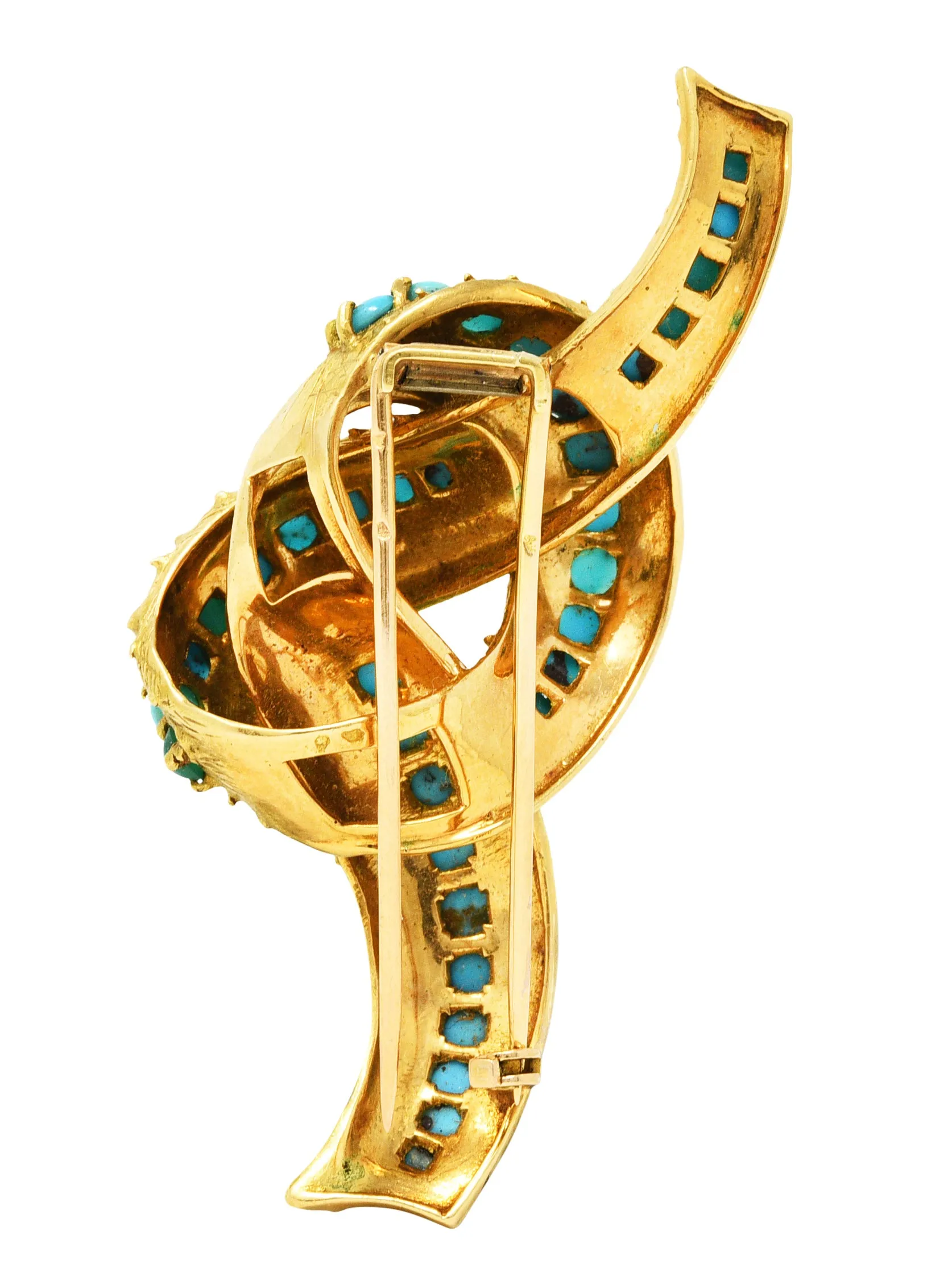 1960's French Vintage Turquoise 18 Karat Gold Knot Brooch