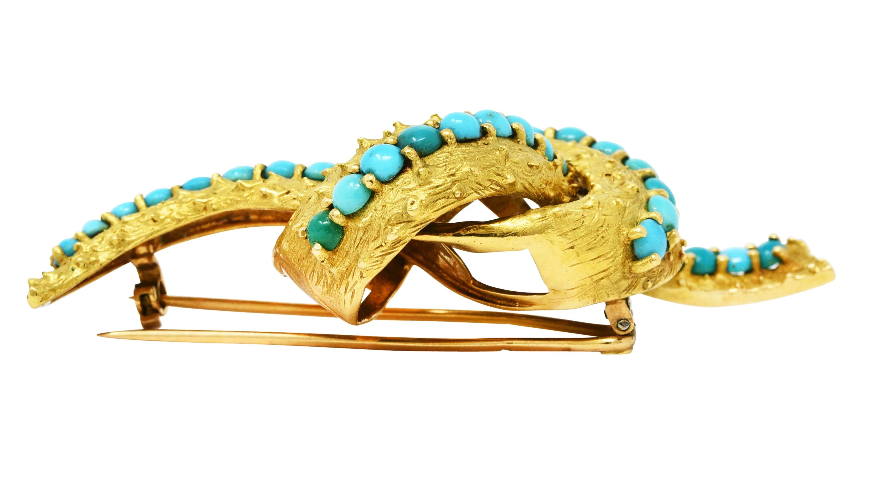 1960's French Vintage Turquoise 18 Karat Gold Knot Brooch