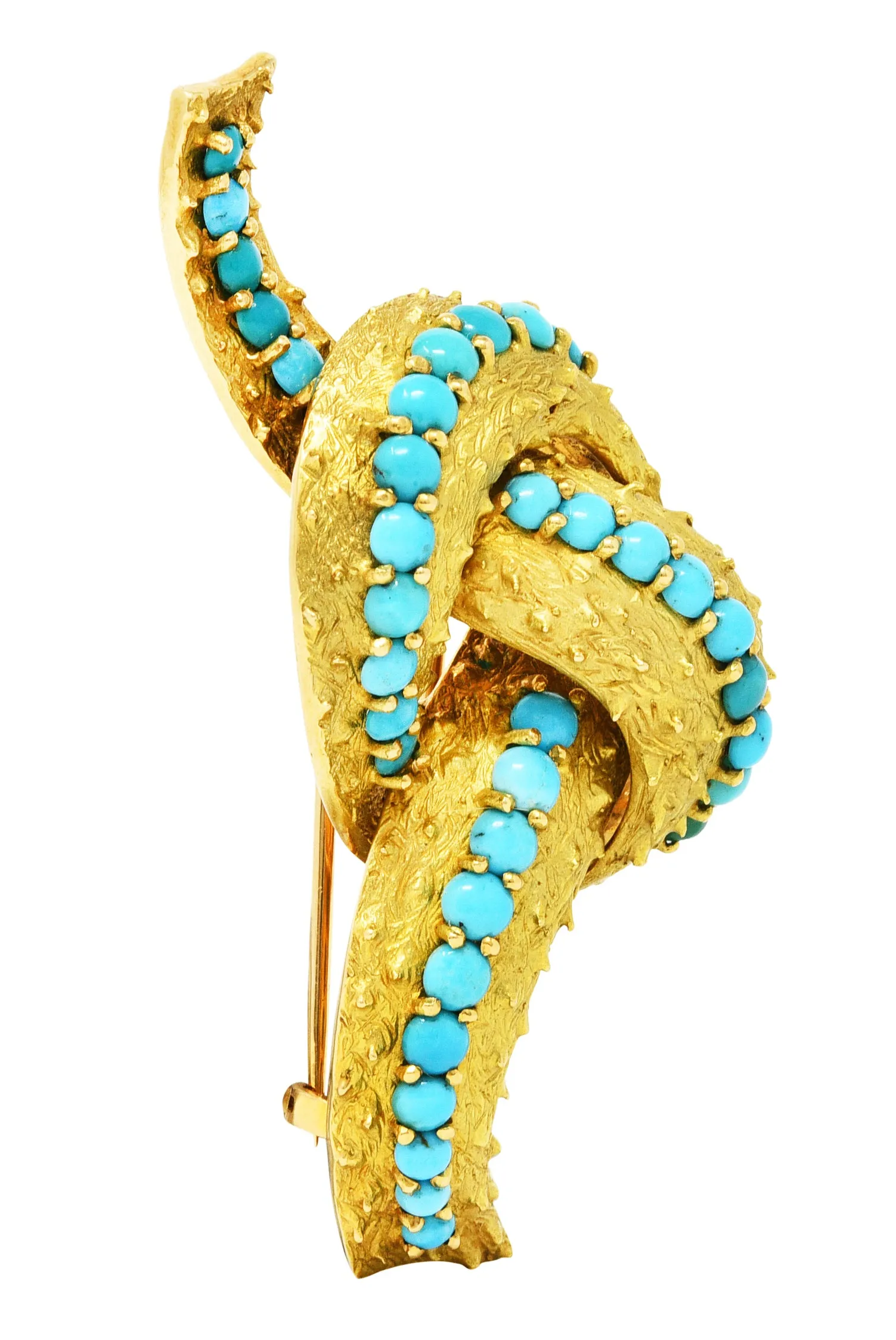 1960's French Vintage Turquoise 18 Karat Gold Knot Brooch