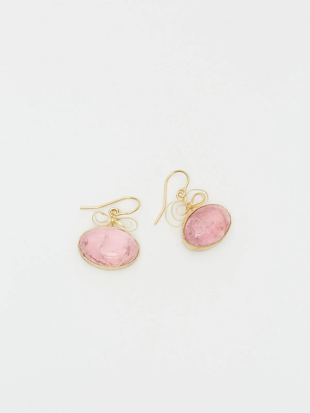 28 Carats of Pink Tourmaline Cabochons Set in Single Drop Earrings with Bow Tops in 18k Yellow Gold