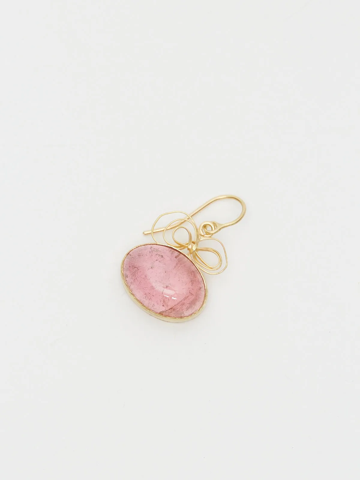 28 Carats of Pink Tourmaline Cabochons Set in Single Drop Earrings with Bow Tops in 18k Yellow Gold