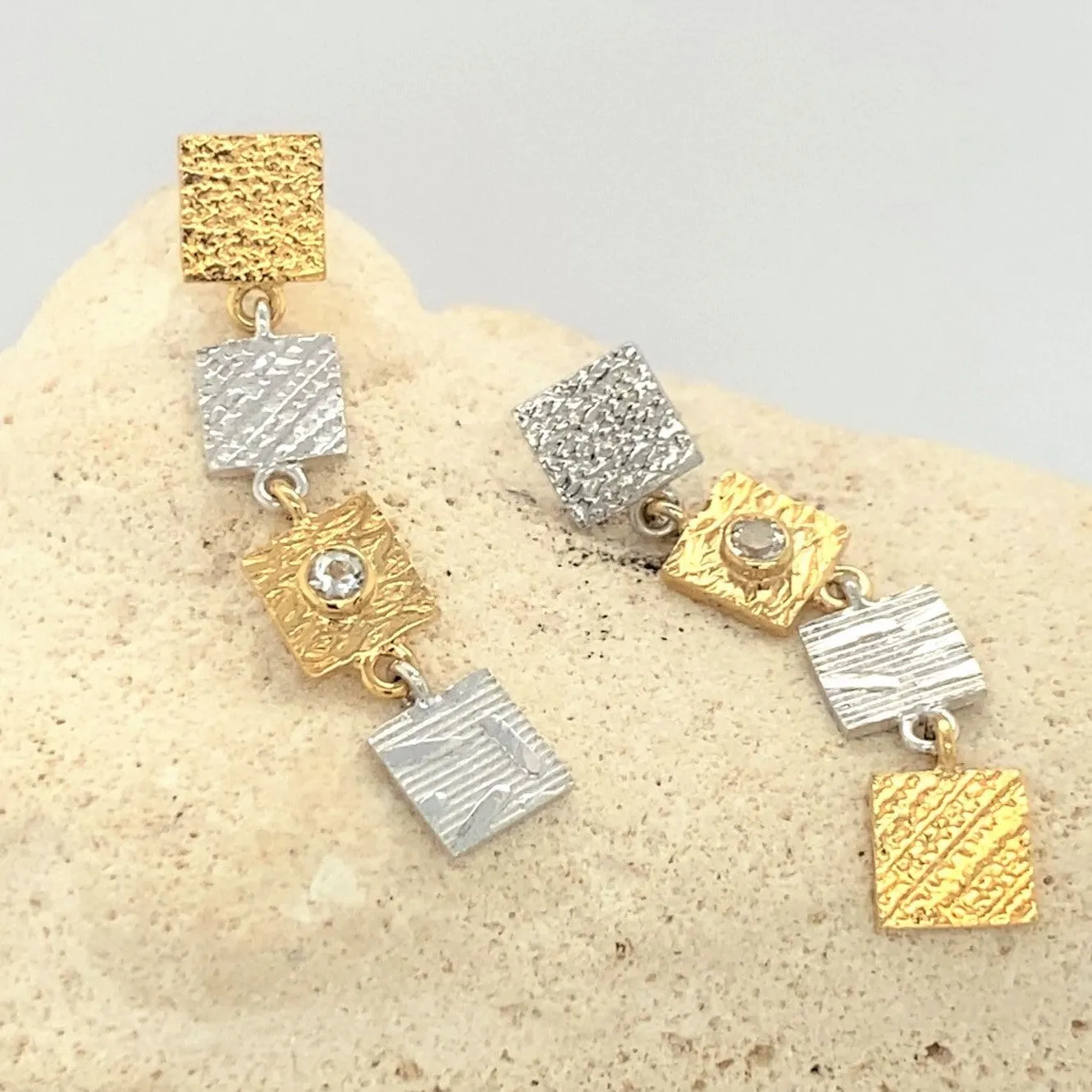 4 Tab Textured Earrings with White Sapphire