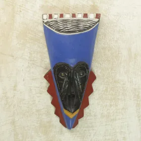 A Wealthy Man Brass Inlay Blue African Mask Hand Carved of Wood