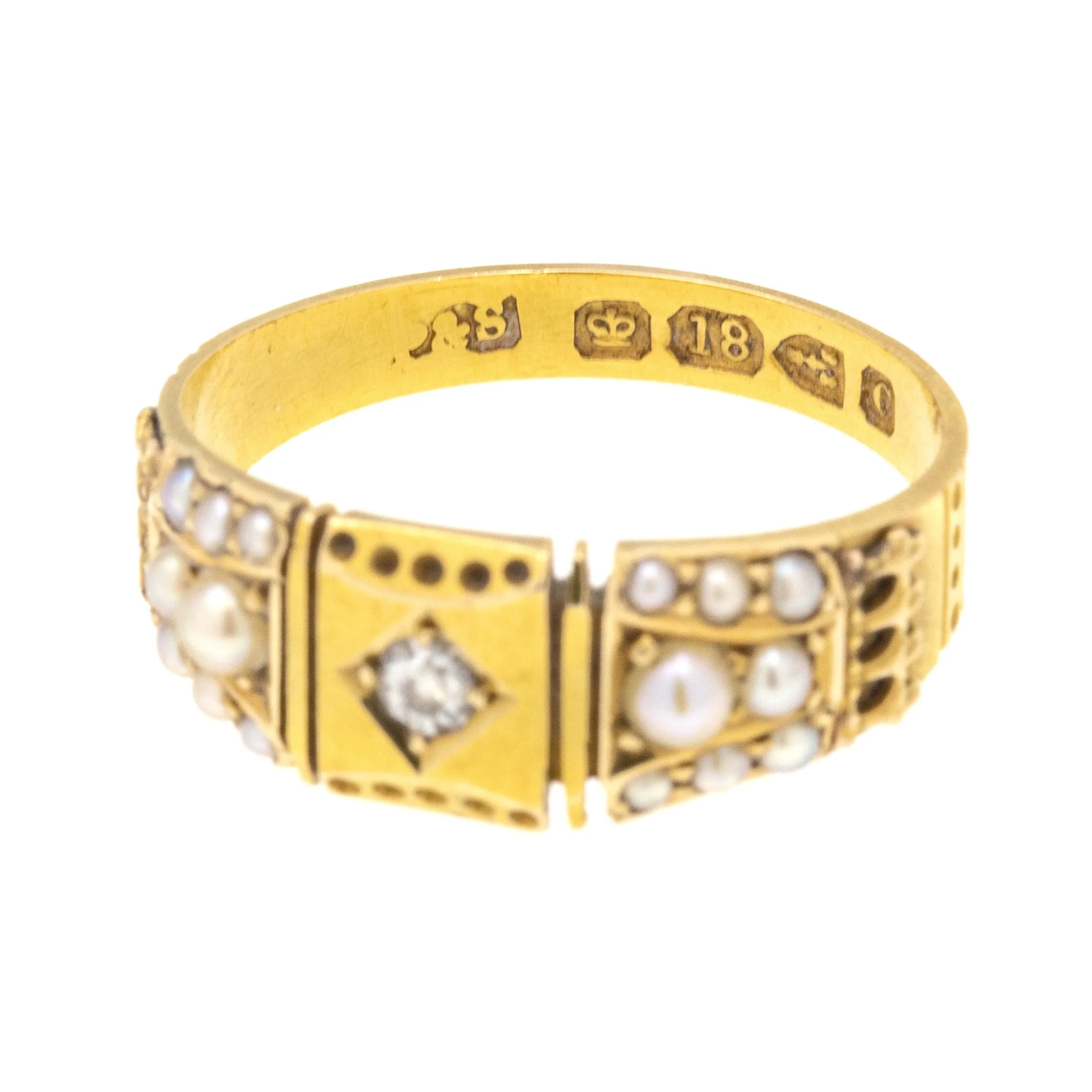 Antique 18ct Gold Pearl Diamond Ring, c.1886