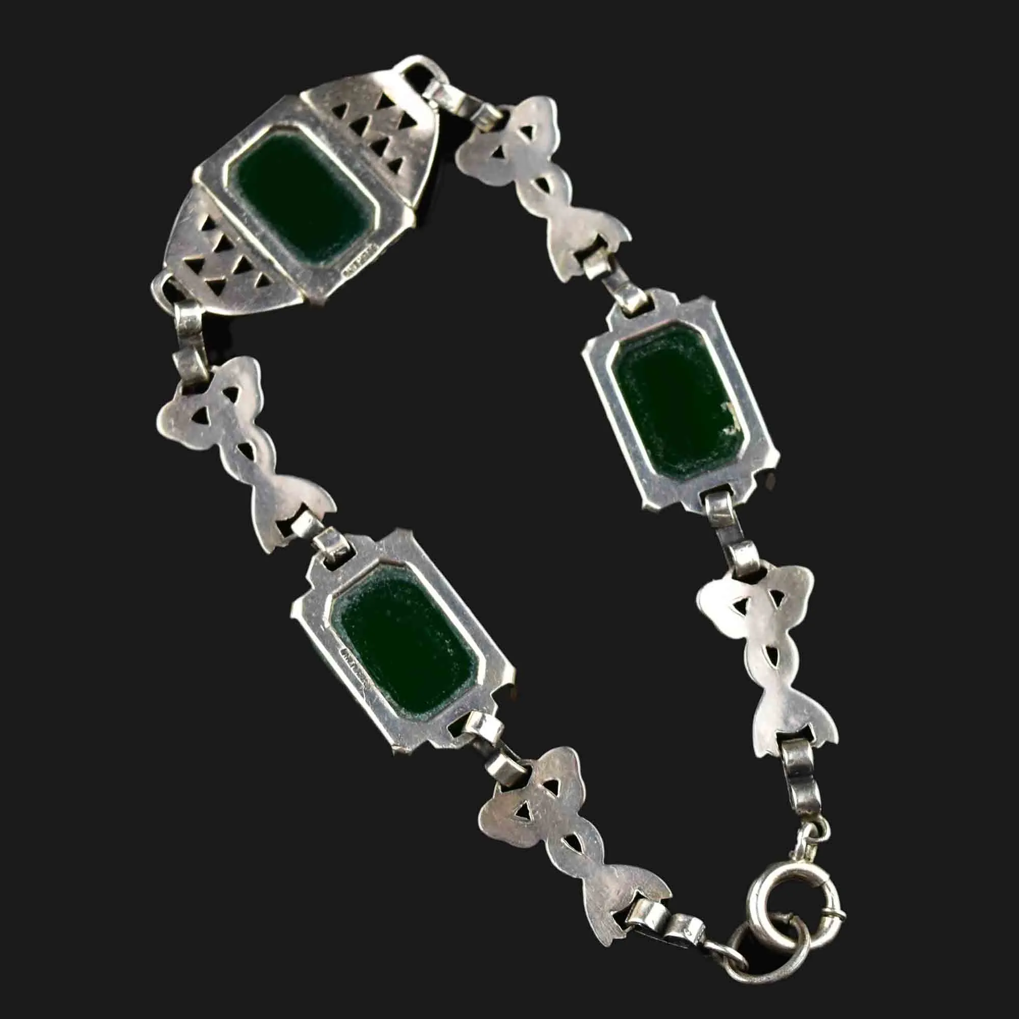 Antique Art Deco Silver Filigree Chrysoprase Bracelet