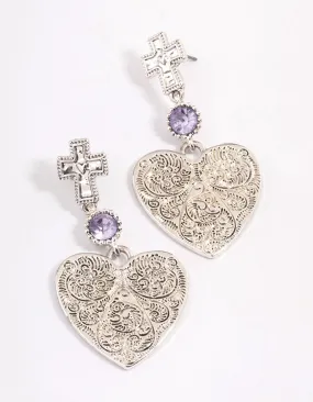 Antique Silver Textured Heart Cross Earrings