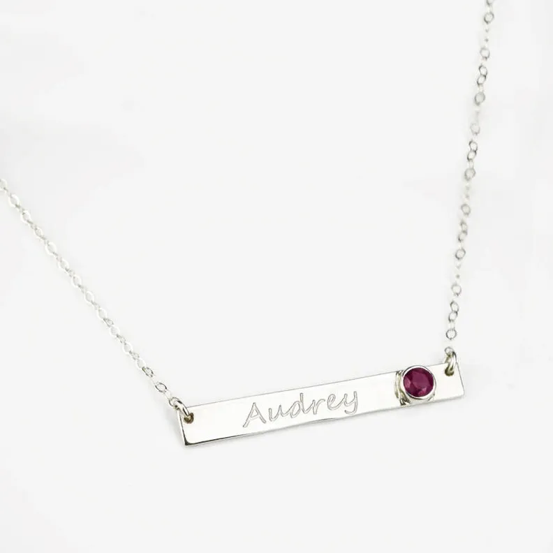 August Custom Bar Necklace with Bezel Birthstone