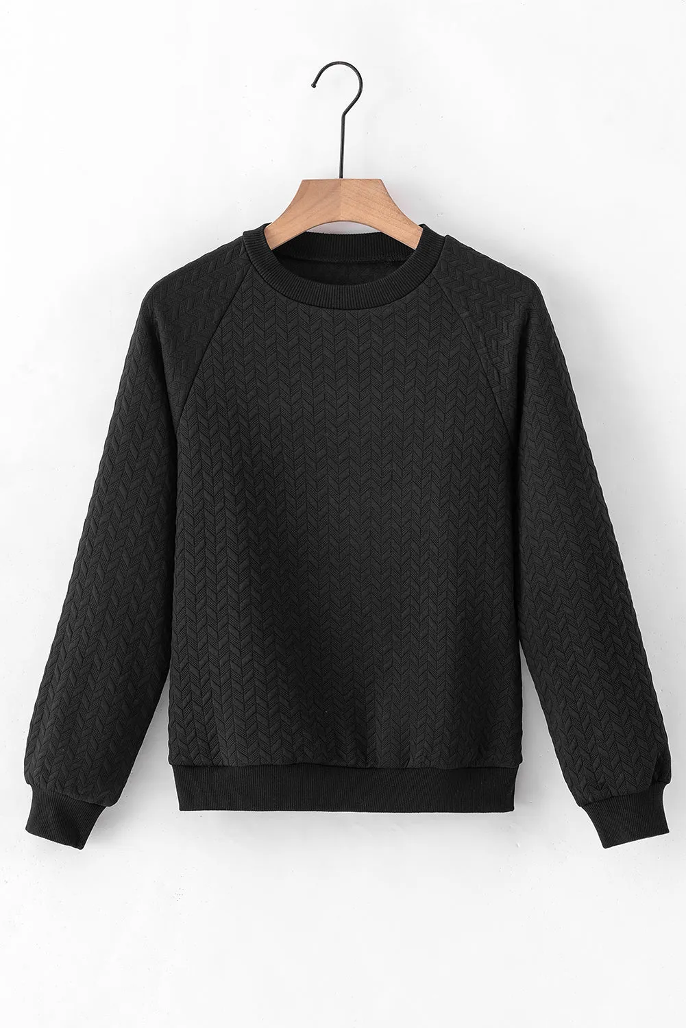 Black Solid Textured Raglan Sleeve Pullover Sweatshirt