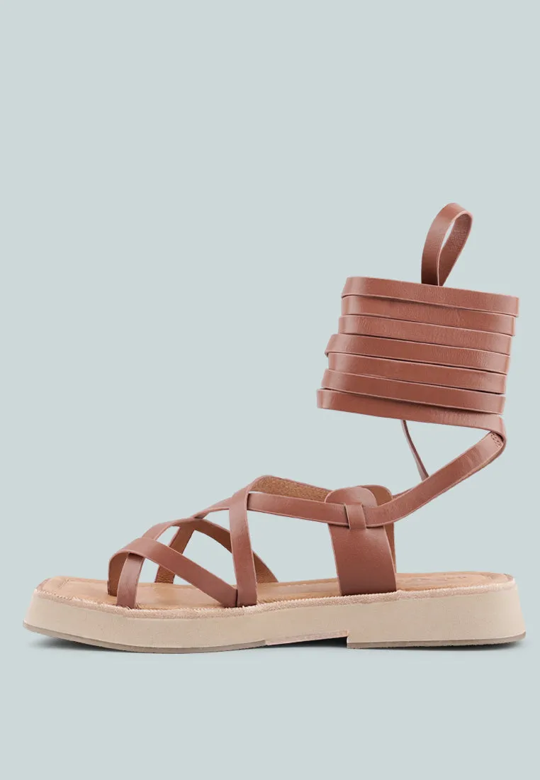 BLEDEL Tan Lace Up Square Toe Gladiator Sandals