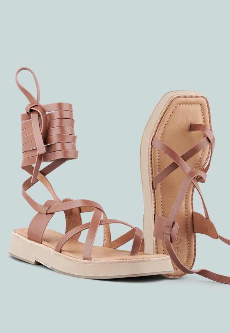 BLEDEL Tan Lace Up Square Toe Gladiator Sandals