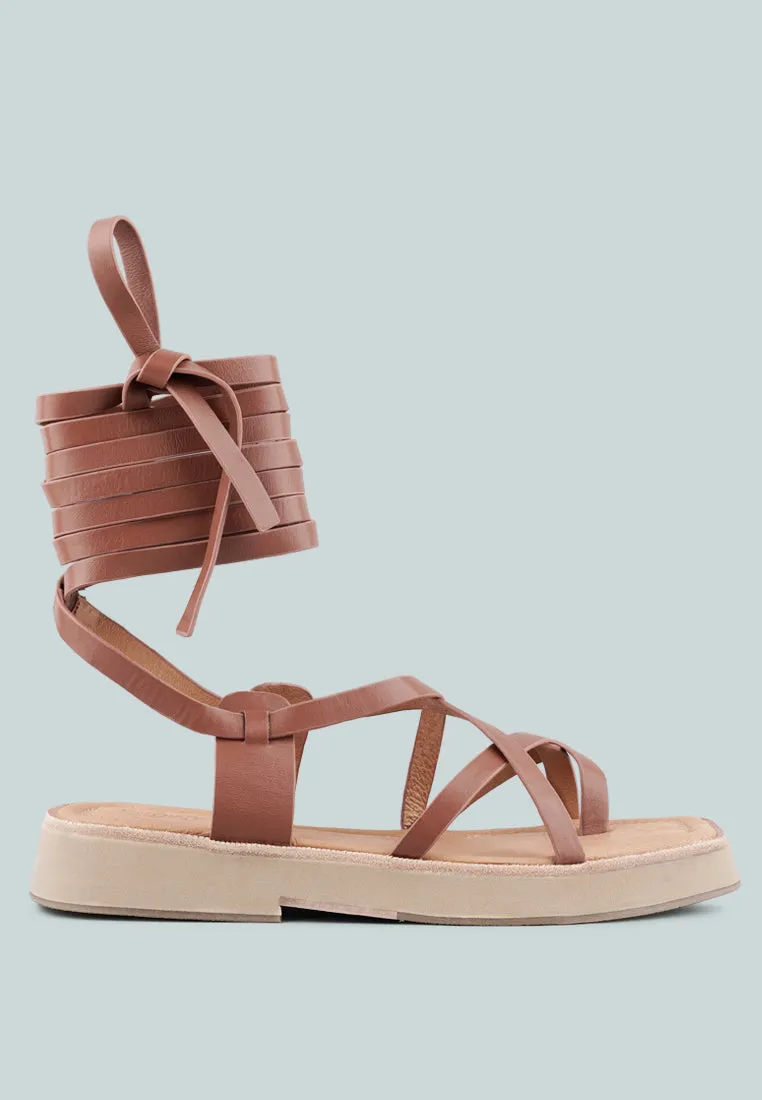 BLEDEL Tan Lace Up Square Toe Gladiator Sandals