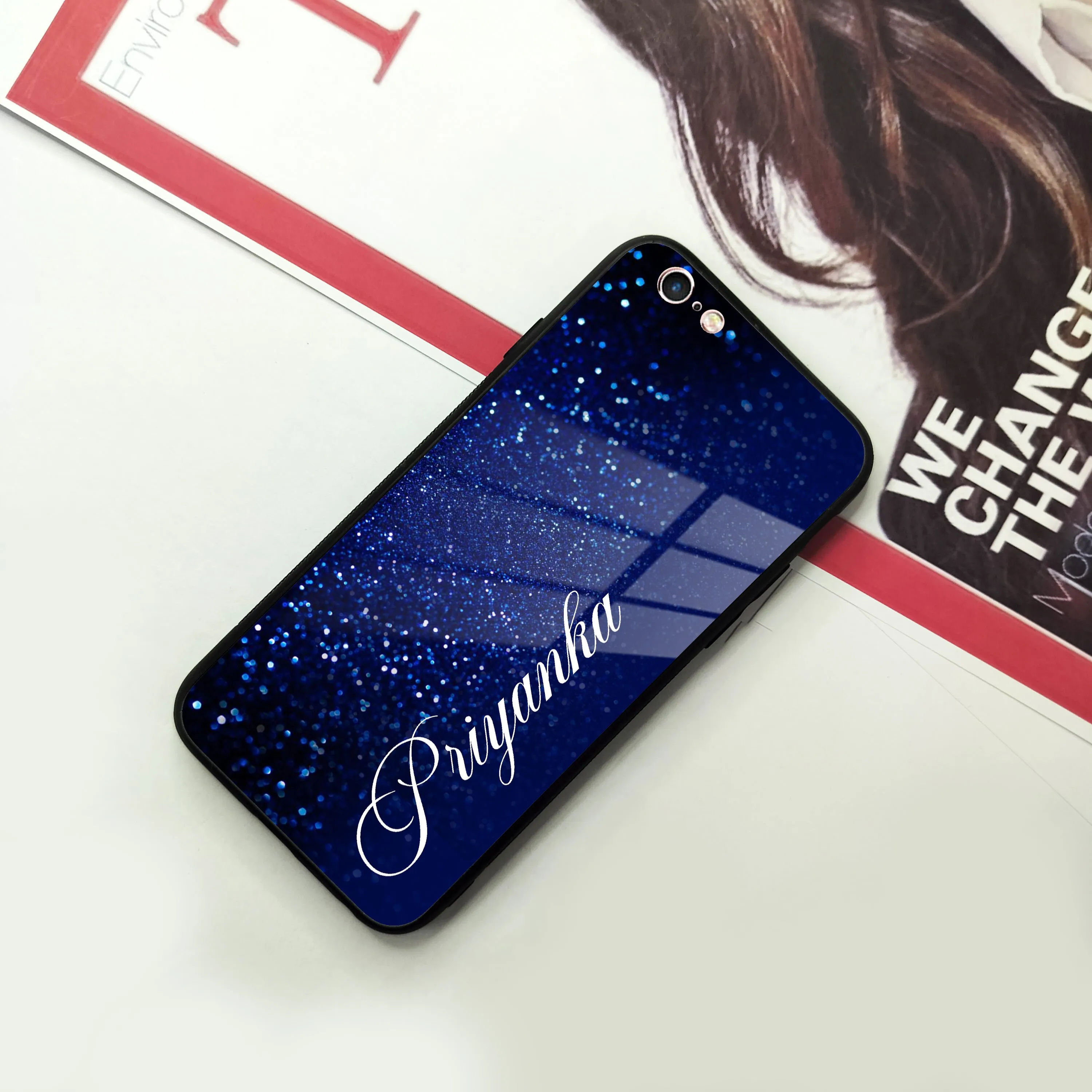 Blue Glitter Customize Glass Case Cover For iPhone