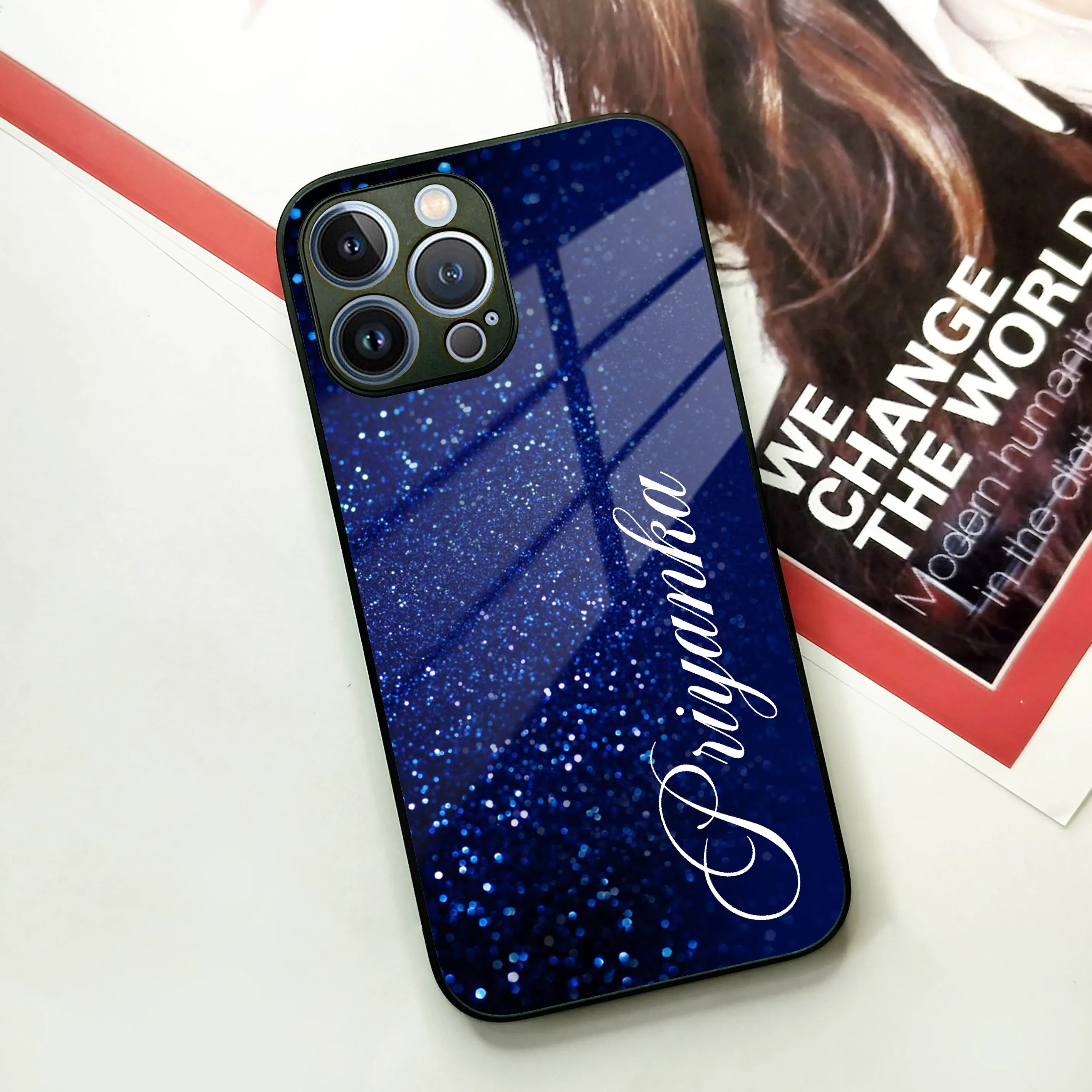 Blue Glitter Customize Glass Case Cover For iPhone