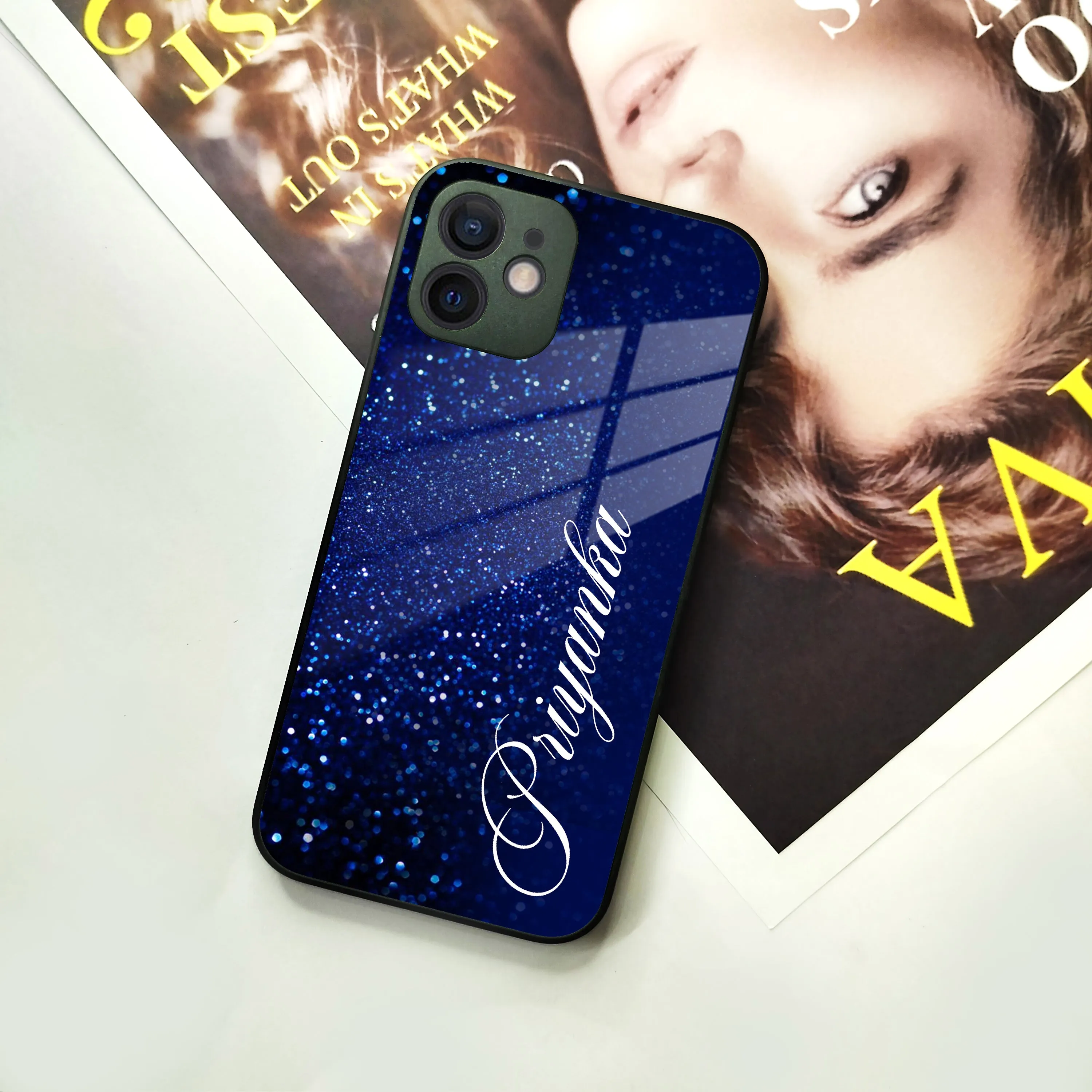 Blue Glitter Customize Glass Case Cover For iPhone