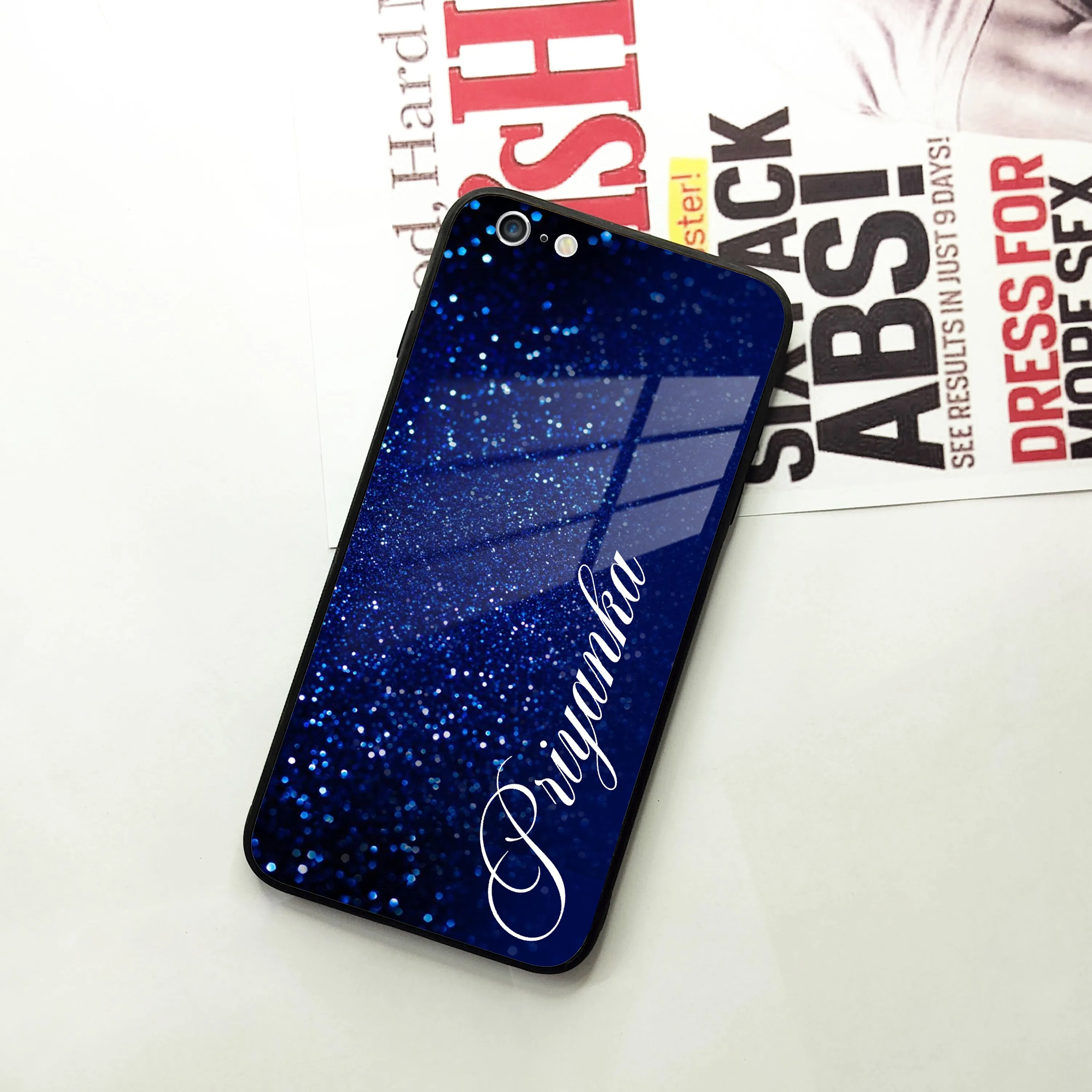 Blue Glitter Customize Glass Case Cover For iPhone