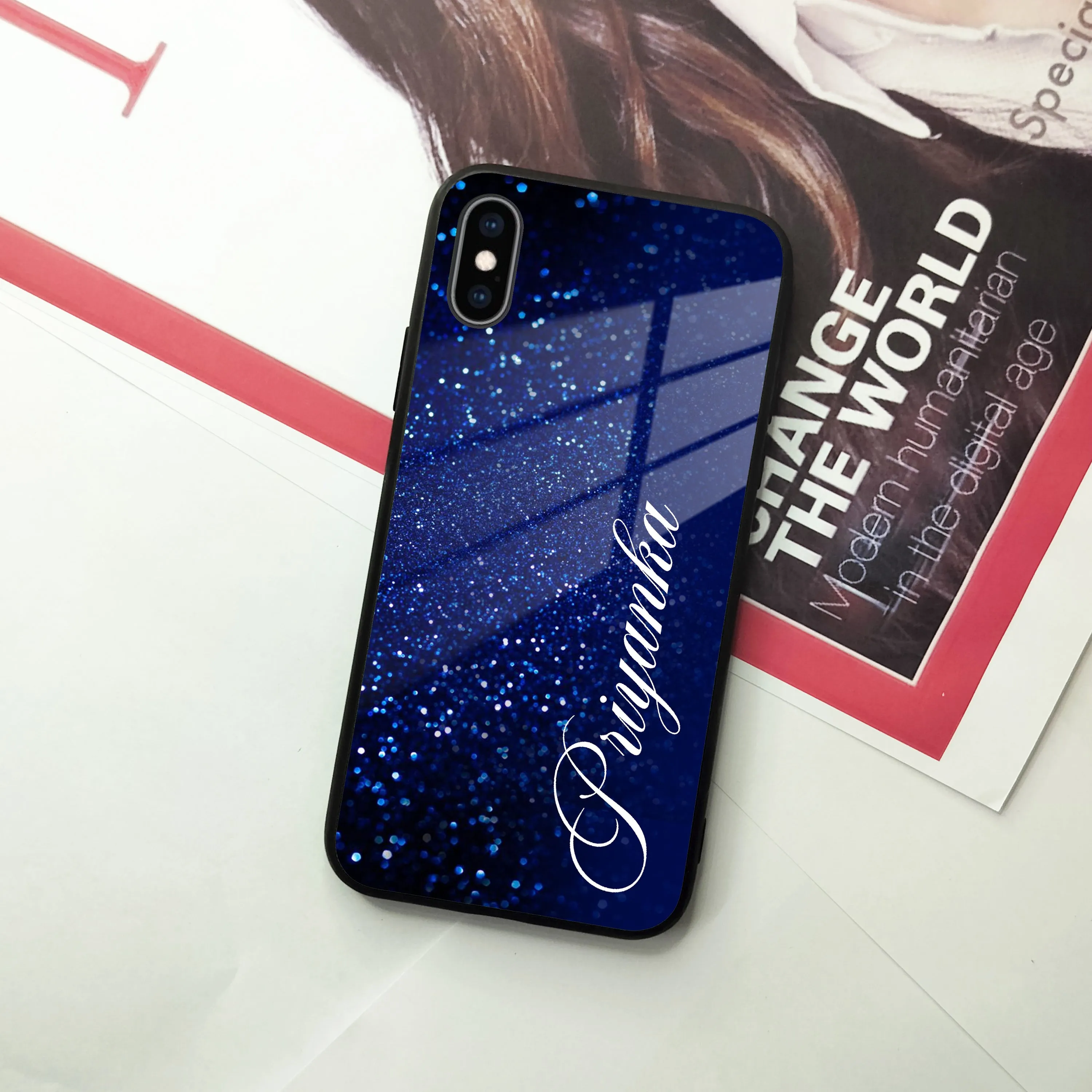 Blue Glitter Customize Glass Case Cover For iPhone