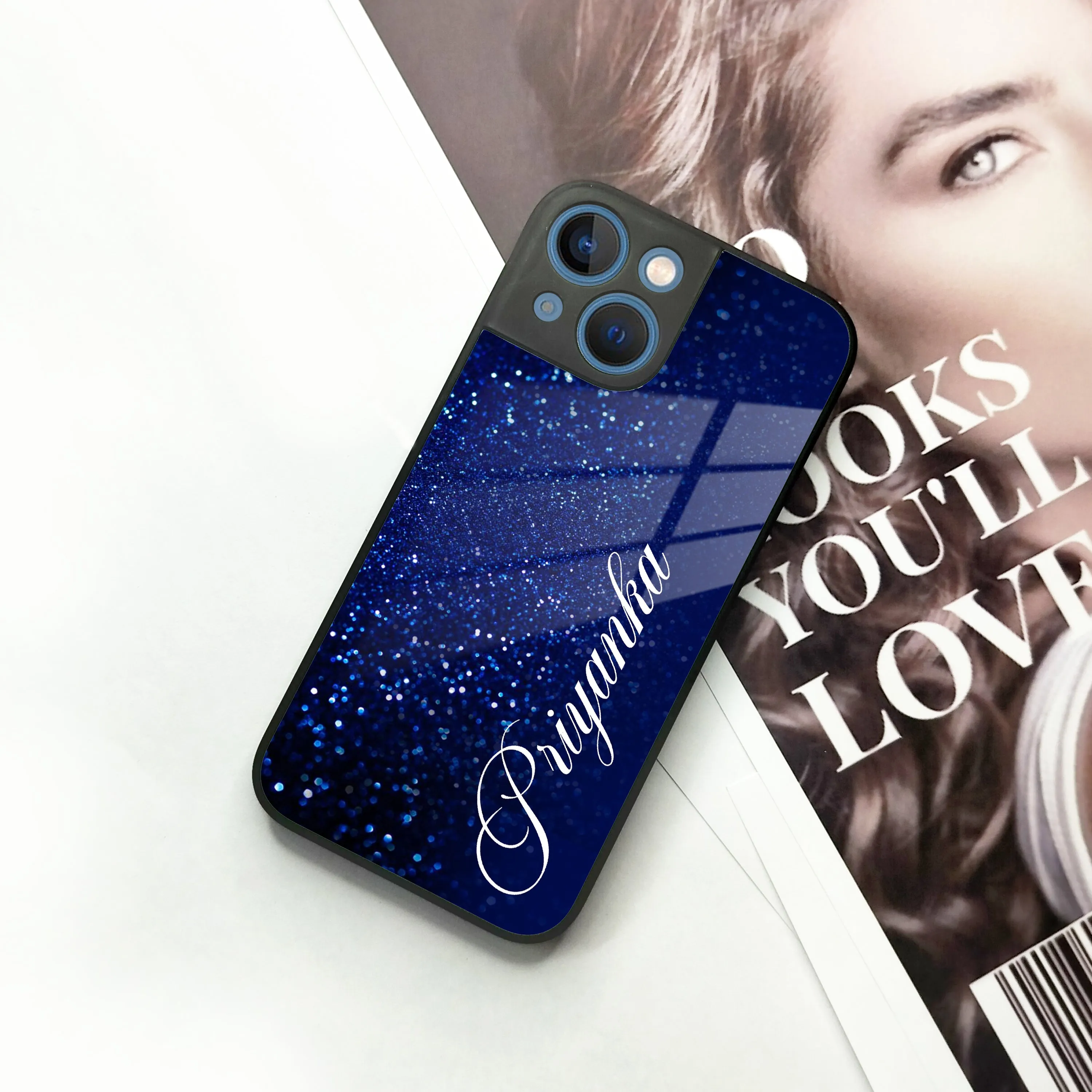 Blue Glitter Customize Glass Case Cover For iPhone