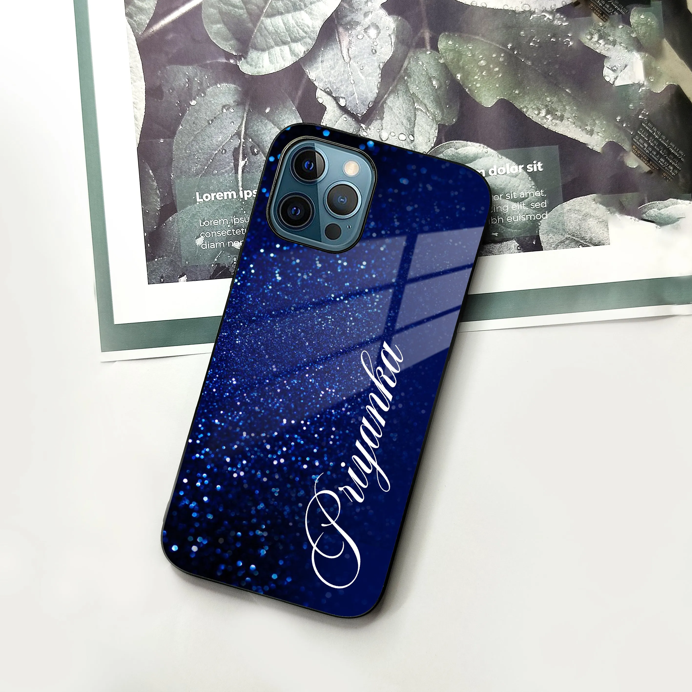 Blue Glitter Customize Glass Case Cover For iPhone