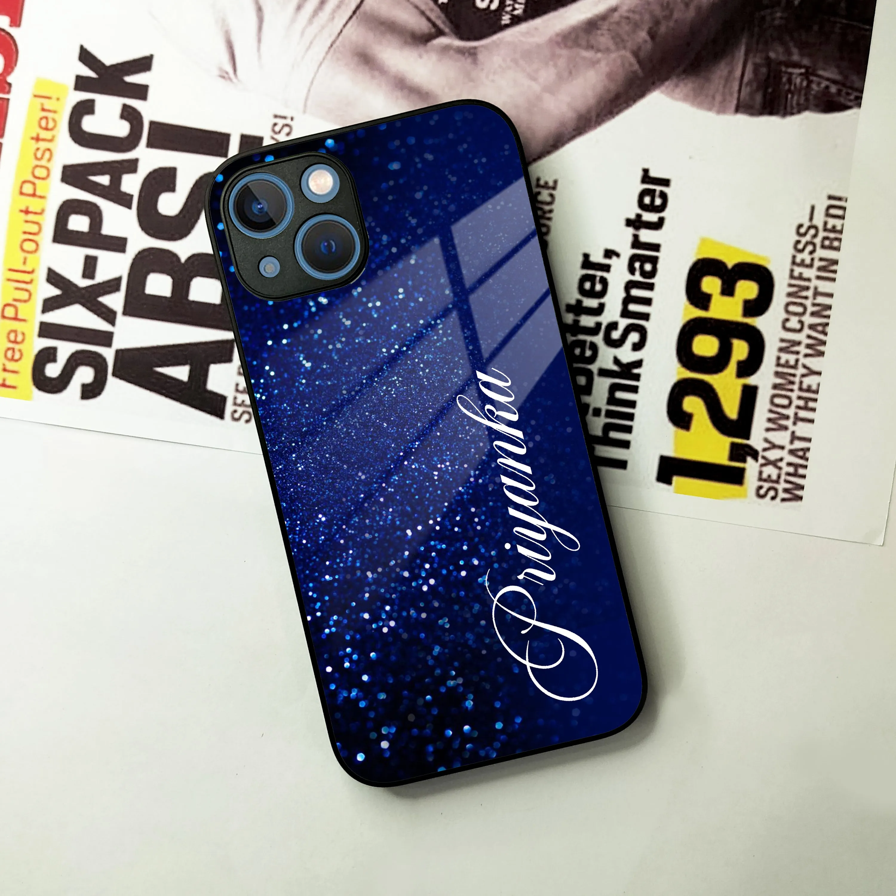 Blue Glitter Customize Glass Case Cover For iPhone