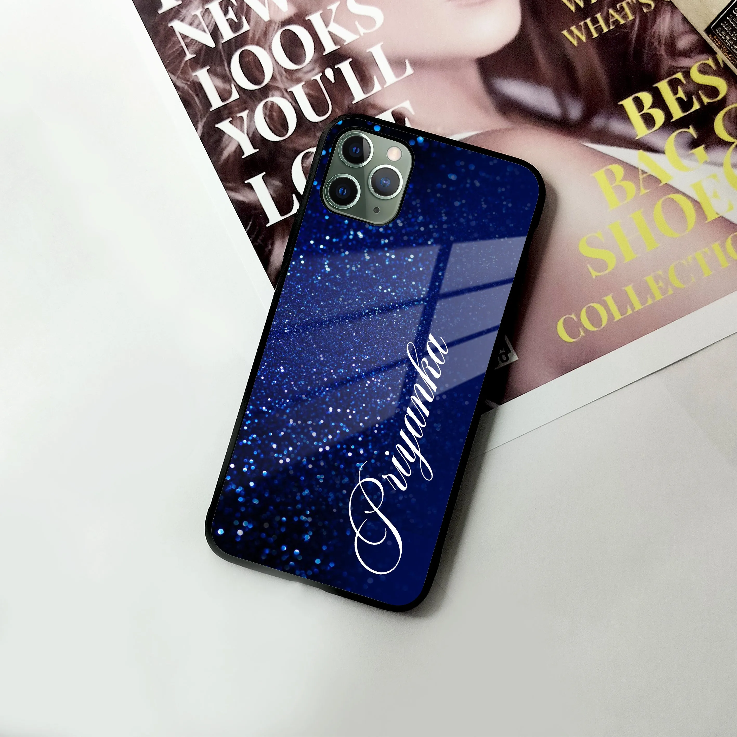 Blue Glitter Customize Glass Case Cover For iPhone