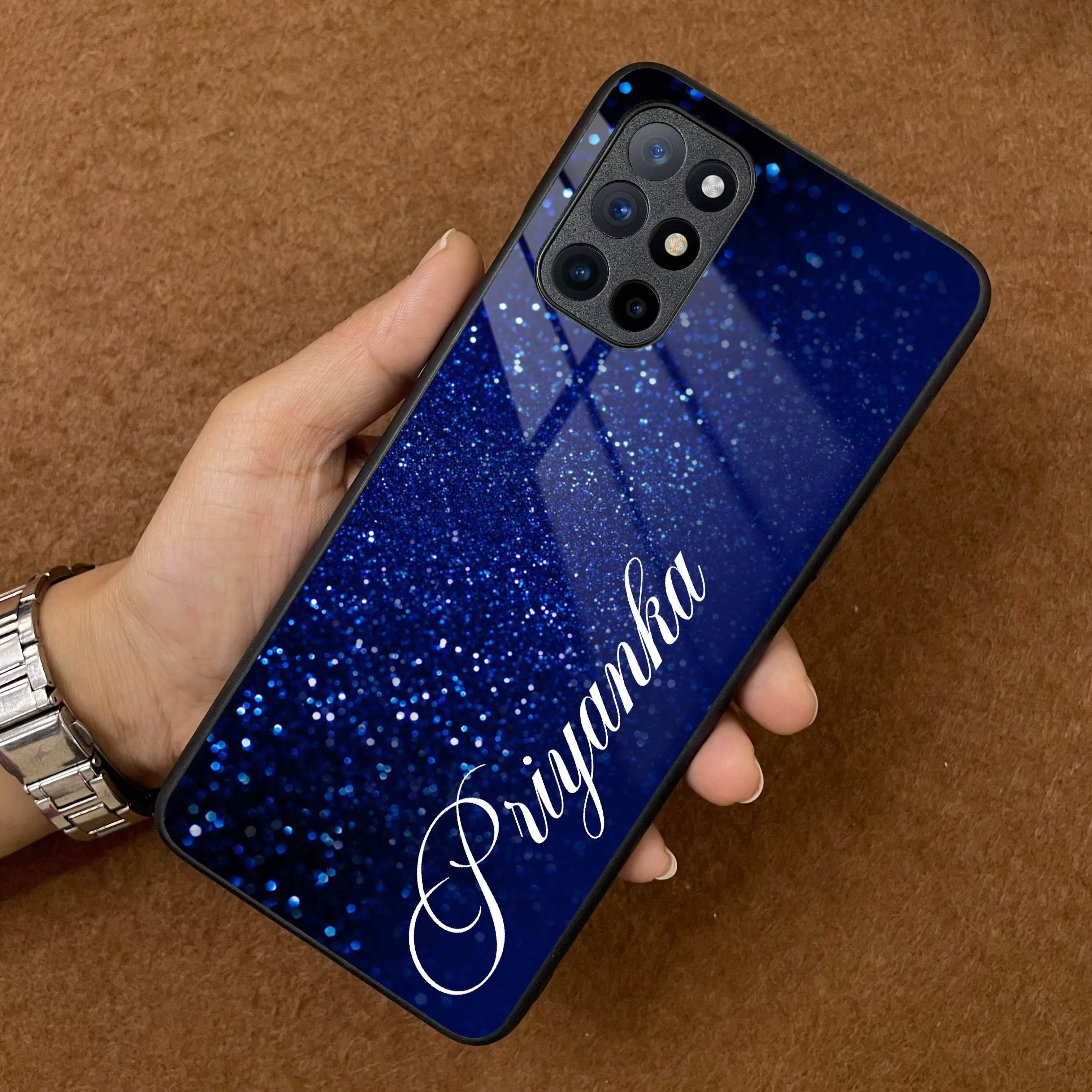 Blue Glitter Customize Glass Case Cover For Oneplus