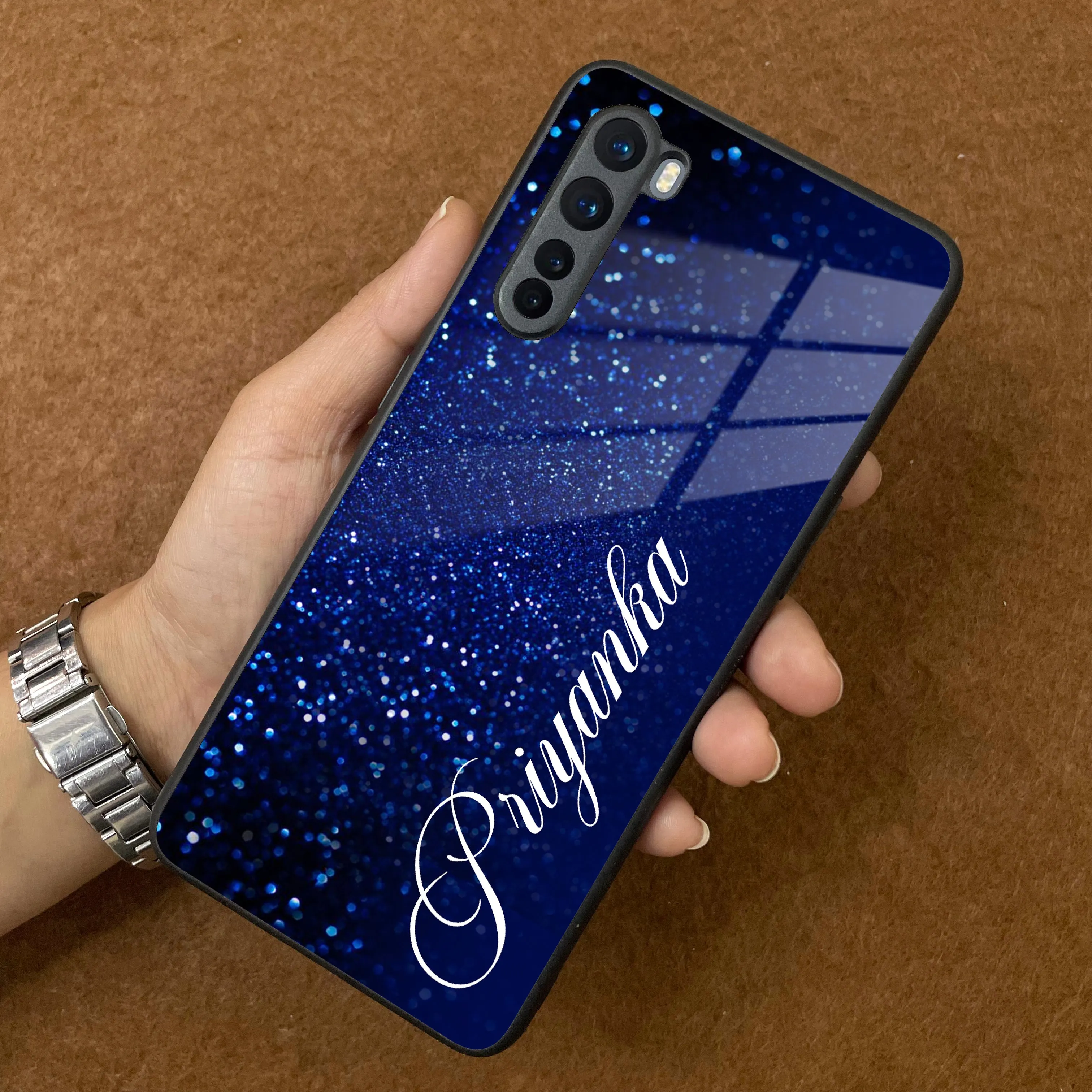 Blue Glitter Customize Glass Case Cover For Oneplus