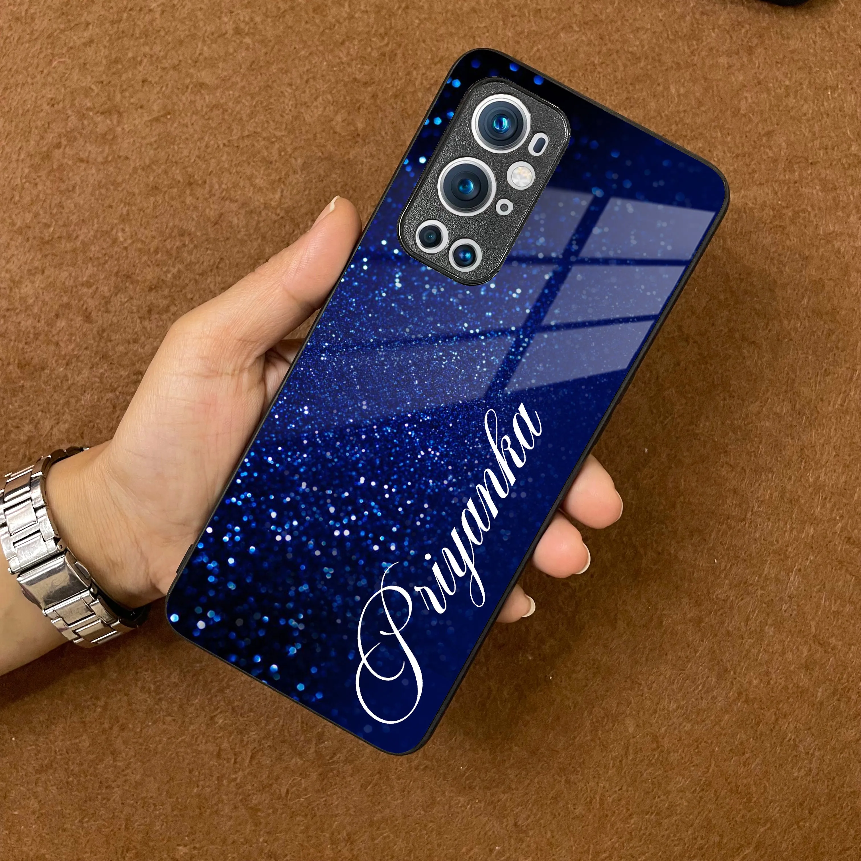 Blue Glitter Customize Glass Case Cover For Oneplus