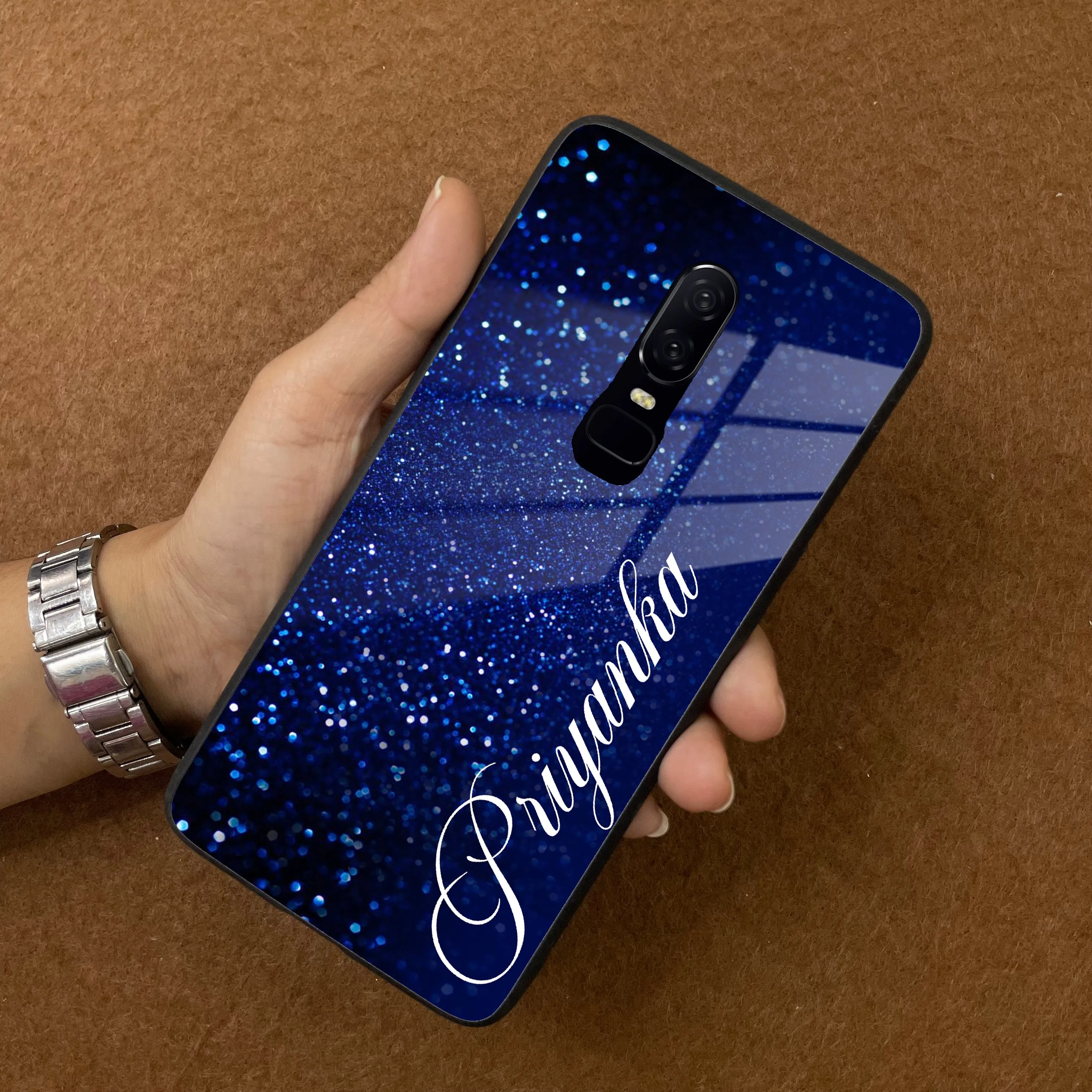 Blue Glitter Customize Glass Case Cover For Oneplus