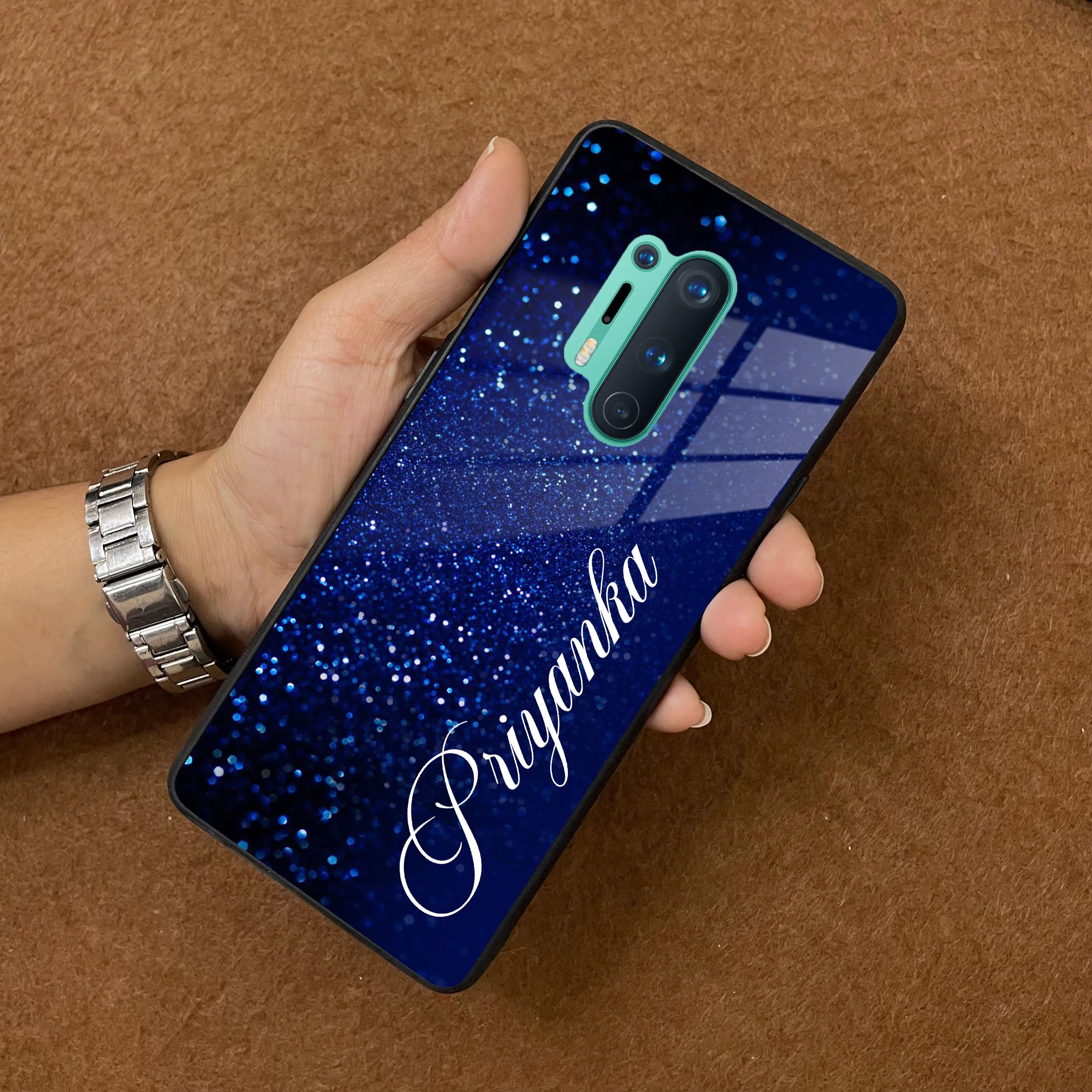 Blue Glitter Customize Glass Case Cover For Oneplus