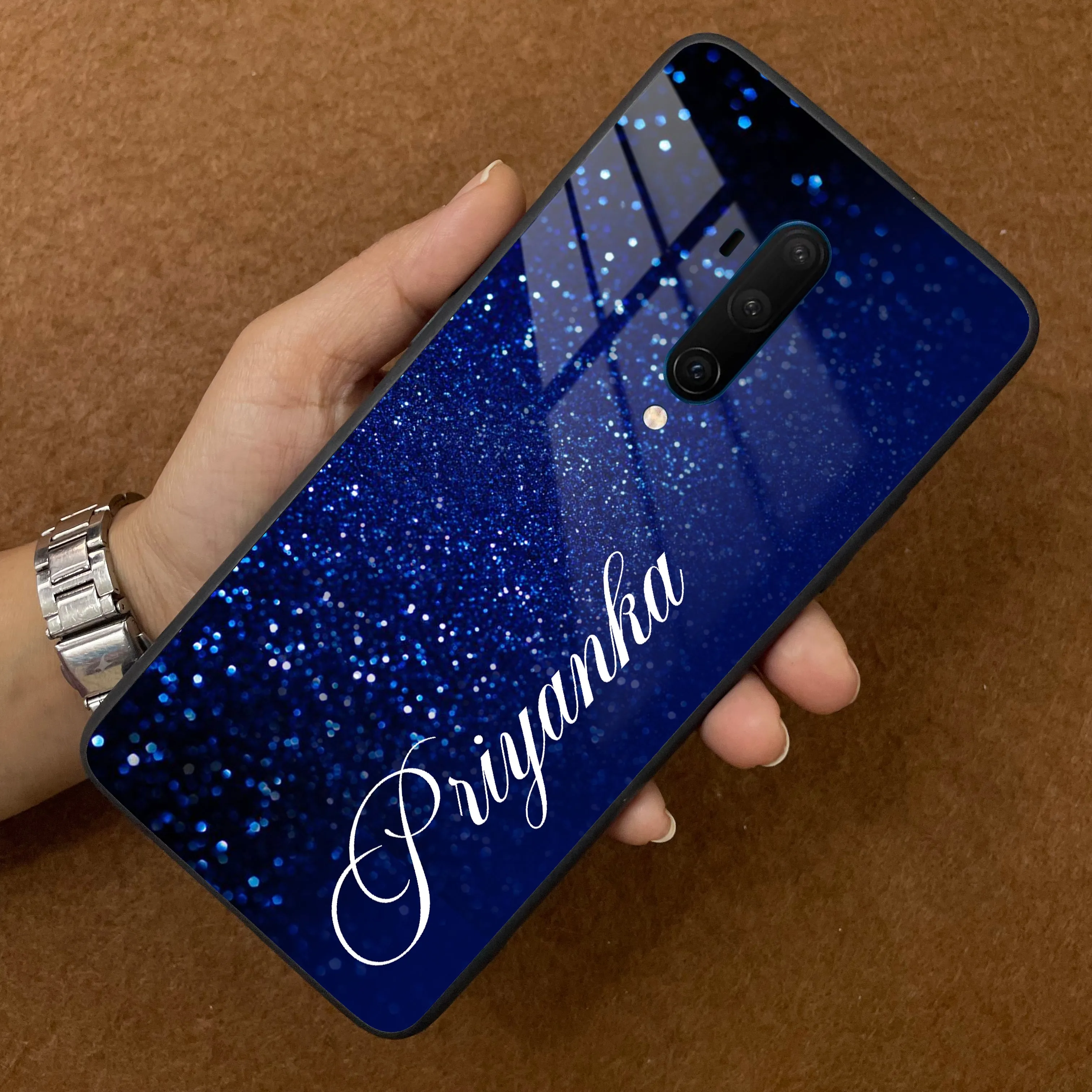 Blue Glitter Customize Glass Case Cover For Oneplus