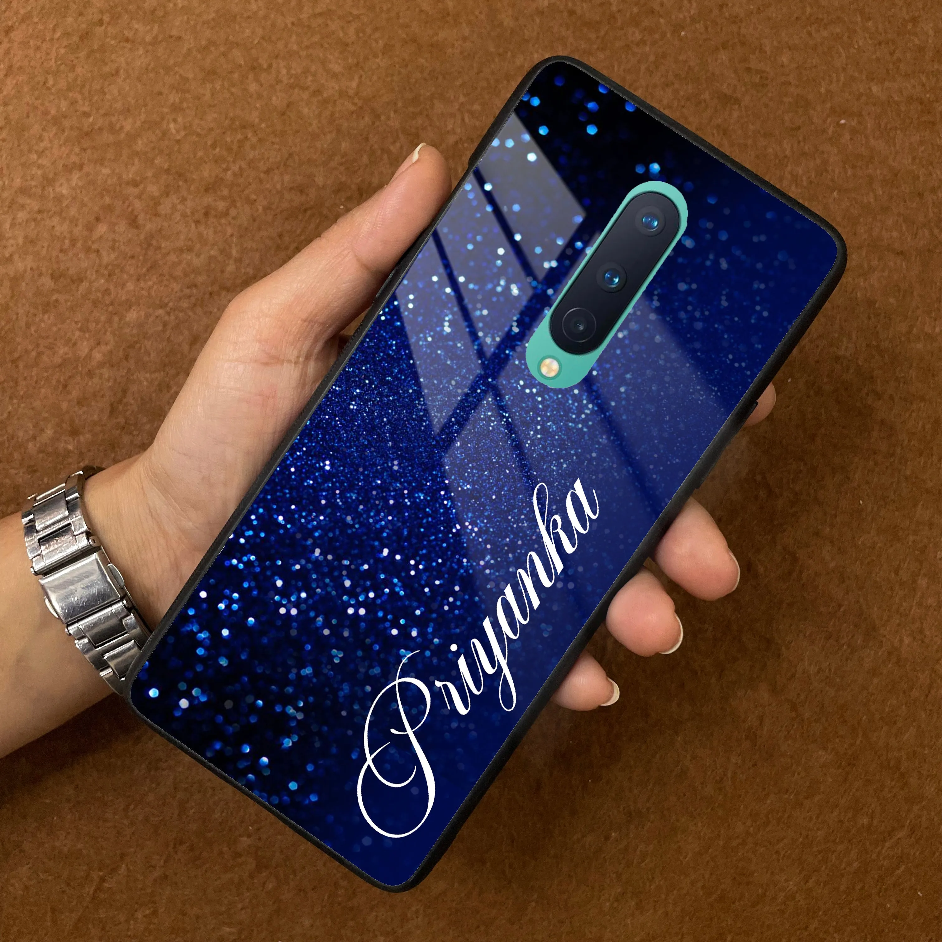 Blue Glitter Customize Glass Case Cover For Oneplus