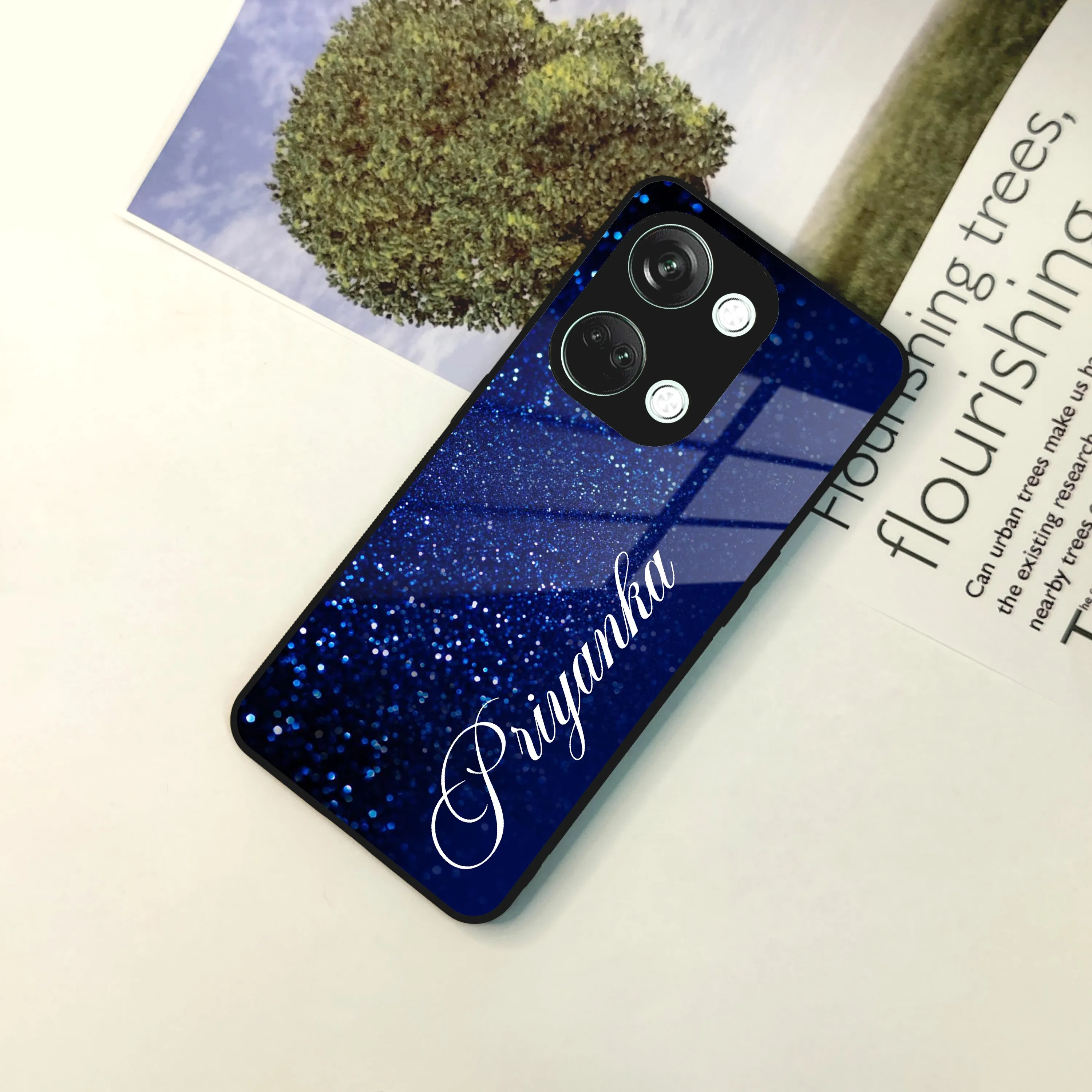 Blue Glitter Customize Glass Case Cover For Oneplus