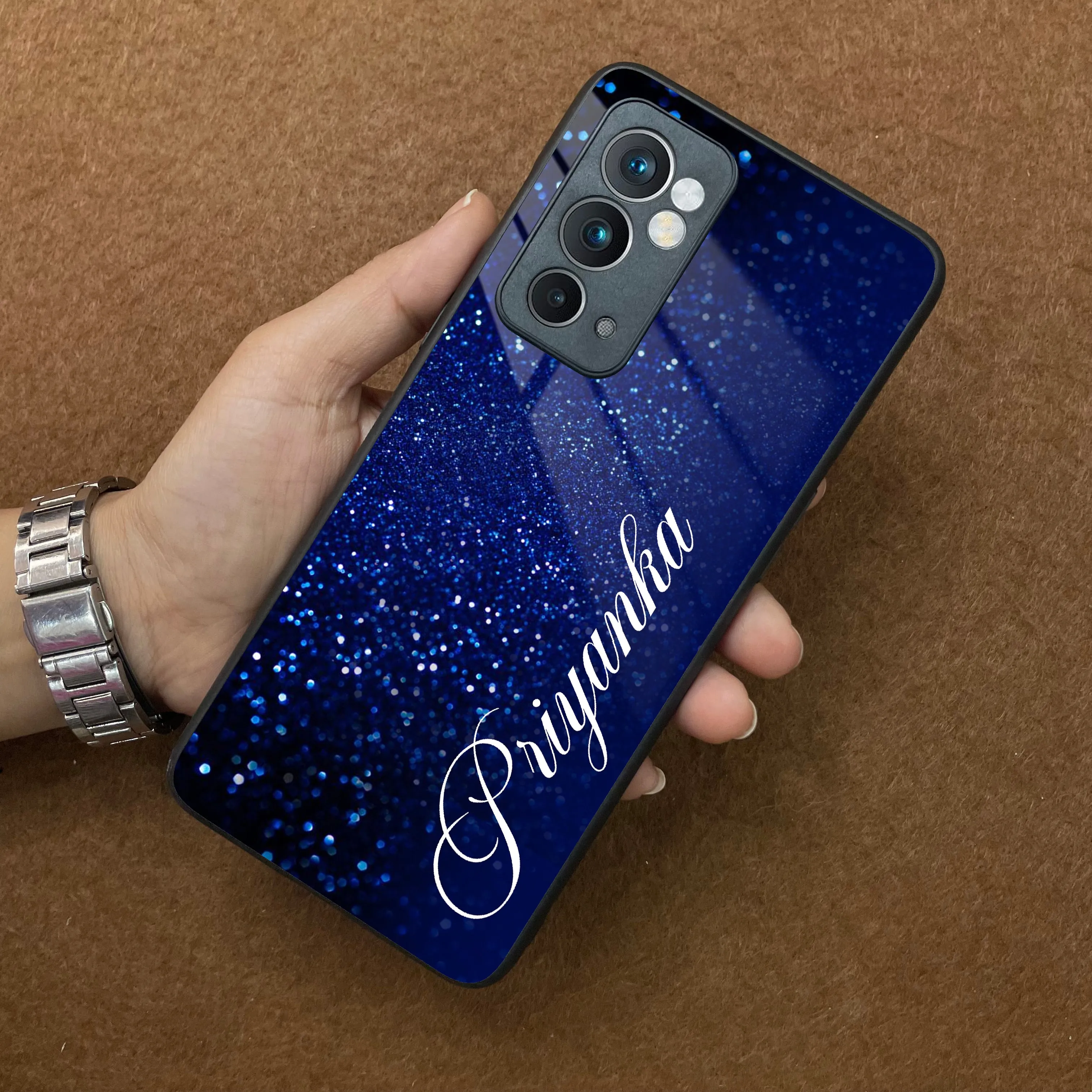 Blue Glitter Customize Glass Case Cover For Oneplus