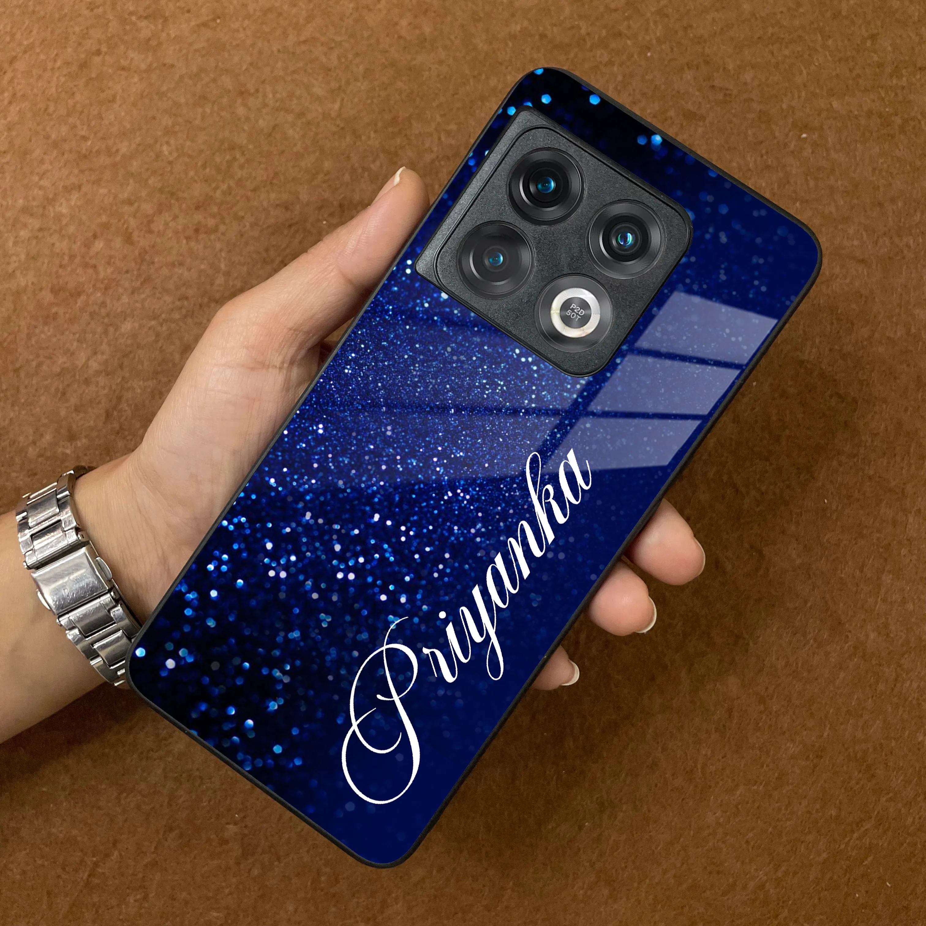 Blue Glitter Customize Glass Case Cover For Oneplus