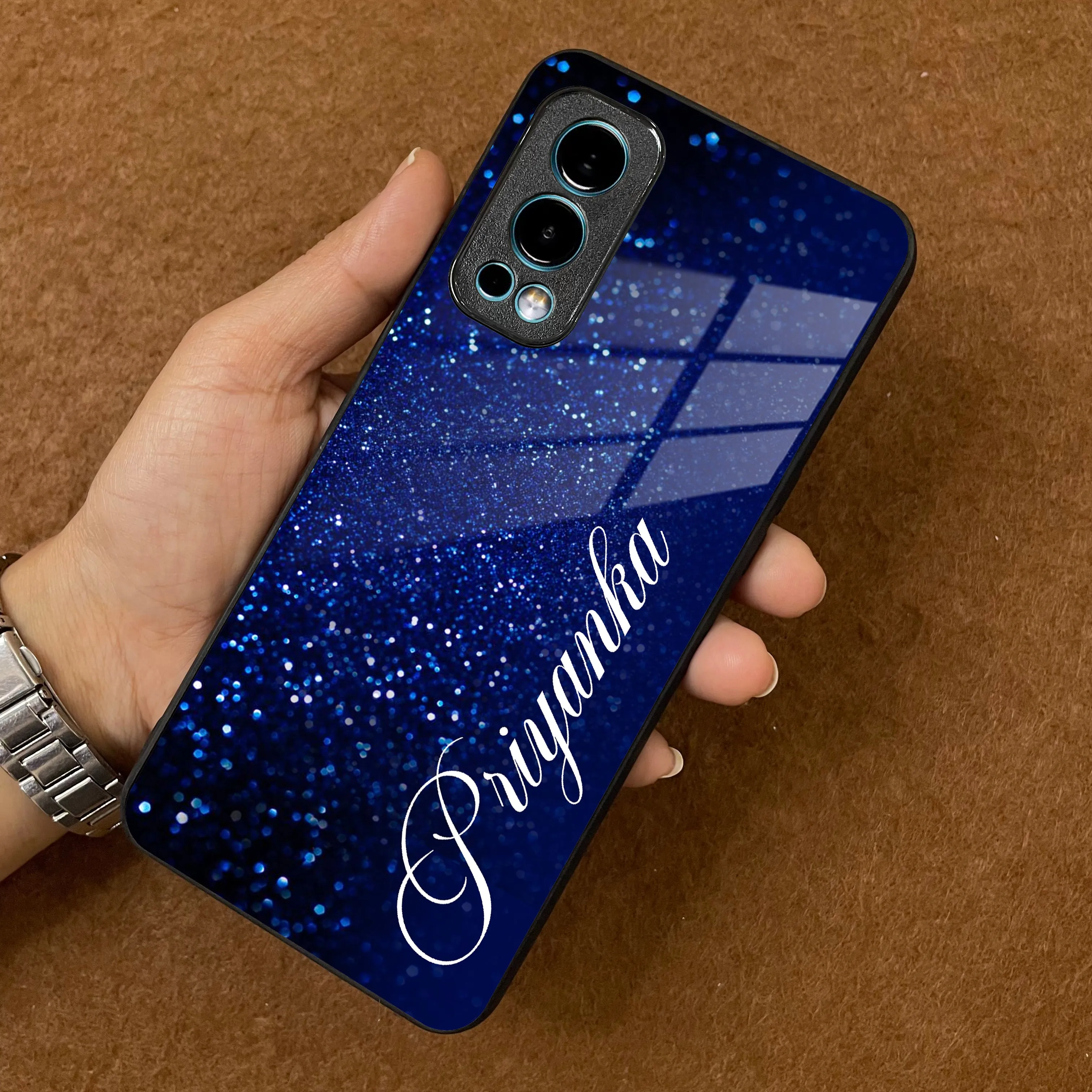 Blue Glitter Customize Glass Case Cover For Oneplus