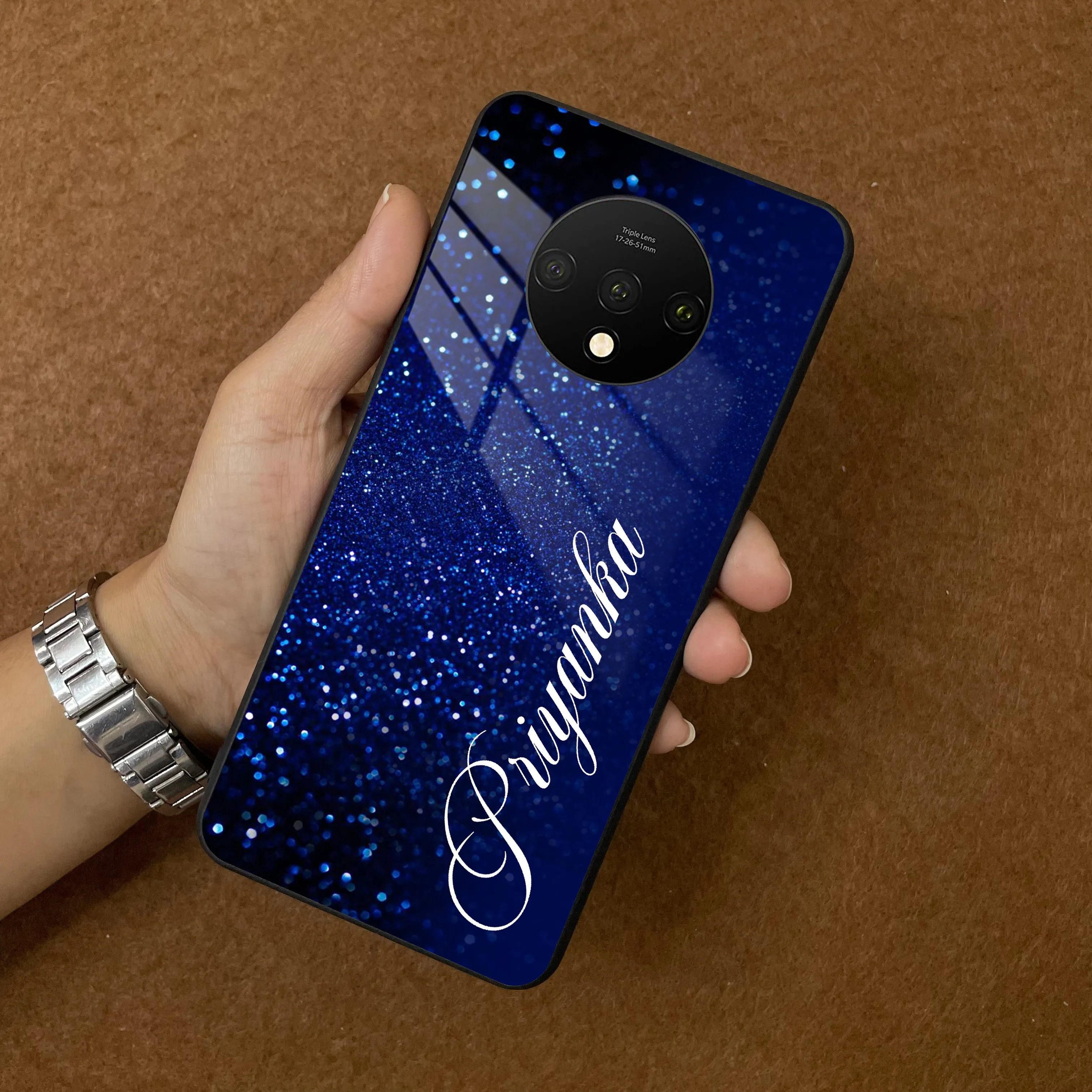 Blue Glitter Customize Glass Case Cover For Oneplus