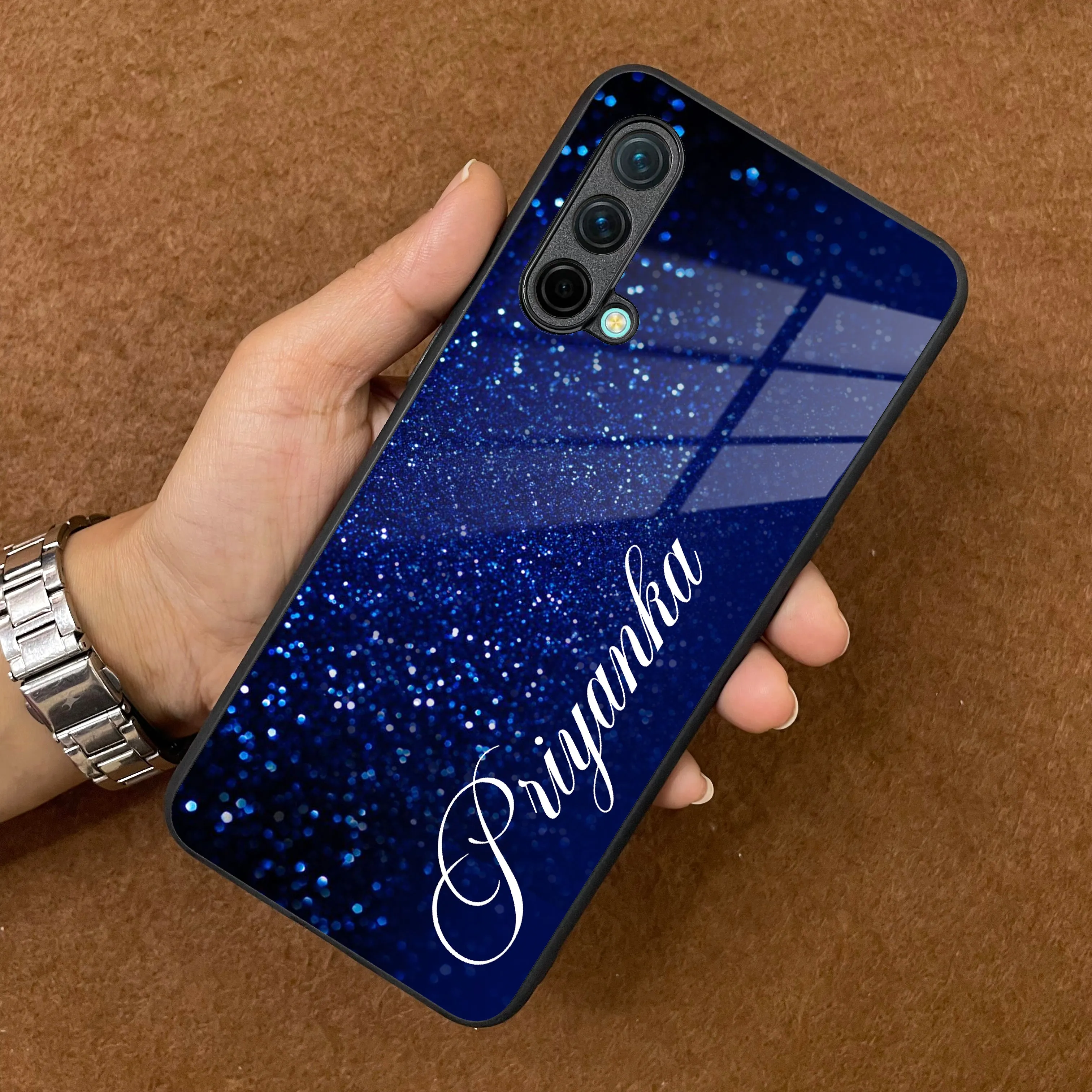 Blue Glitter Customize Glass Case Cover For Oneplus