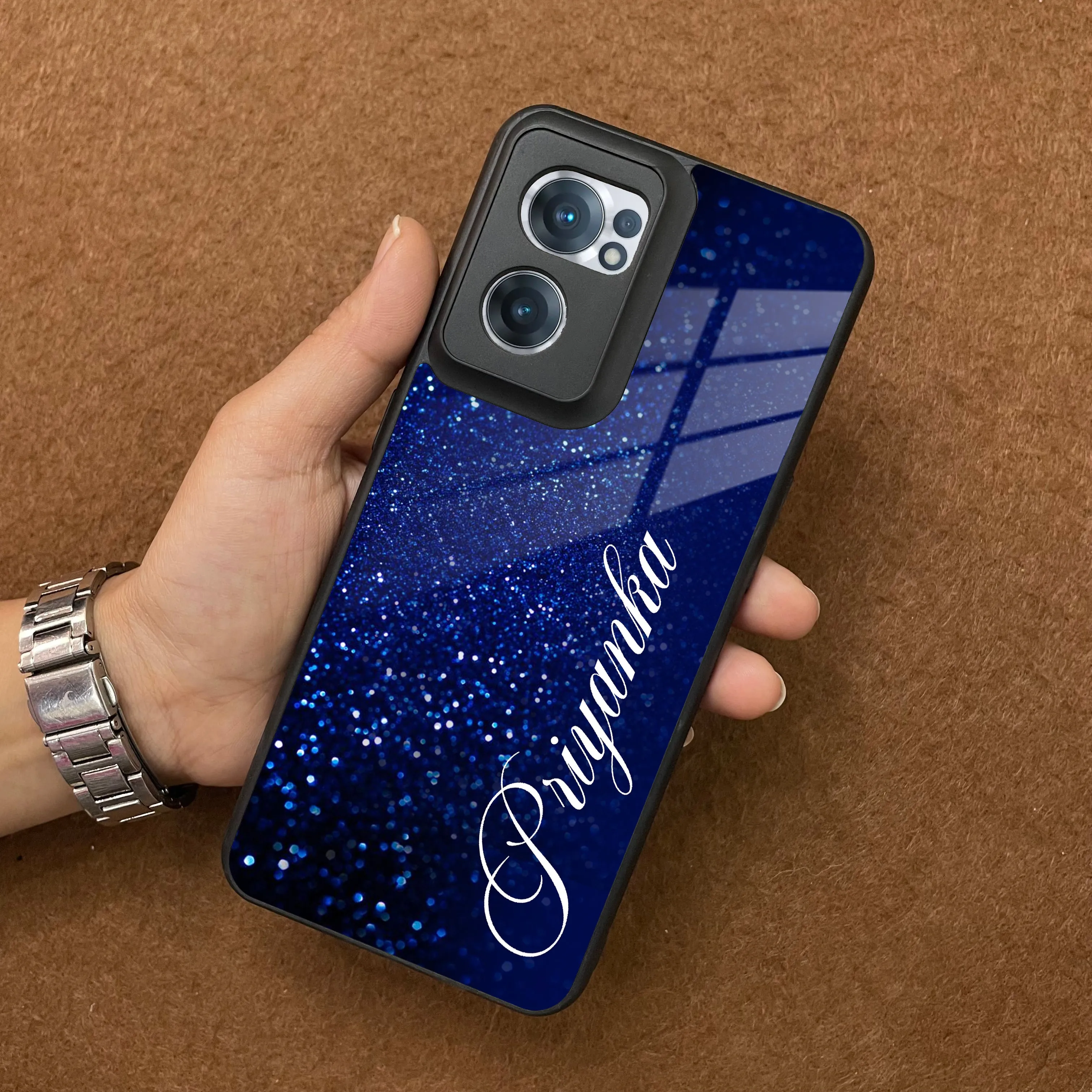 Blue Glitter Customize Glass Case Cover For Oneplus