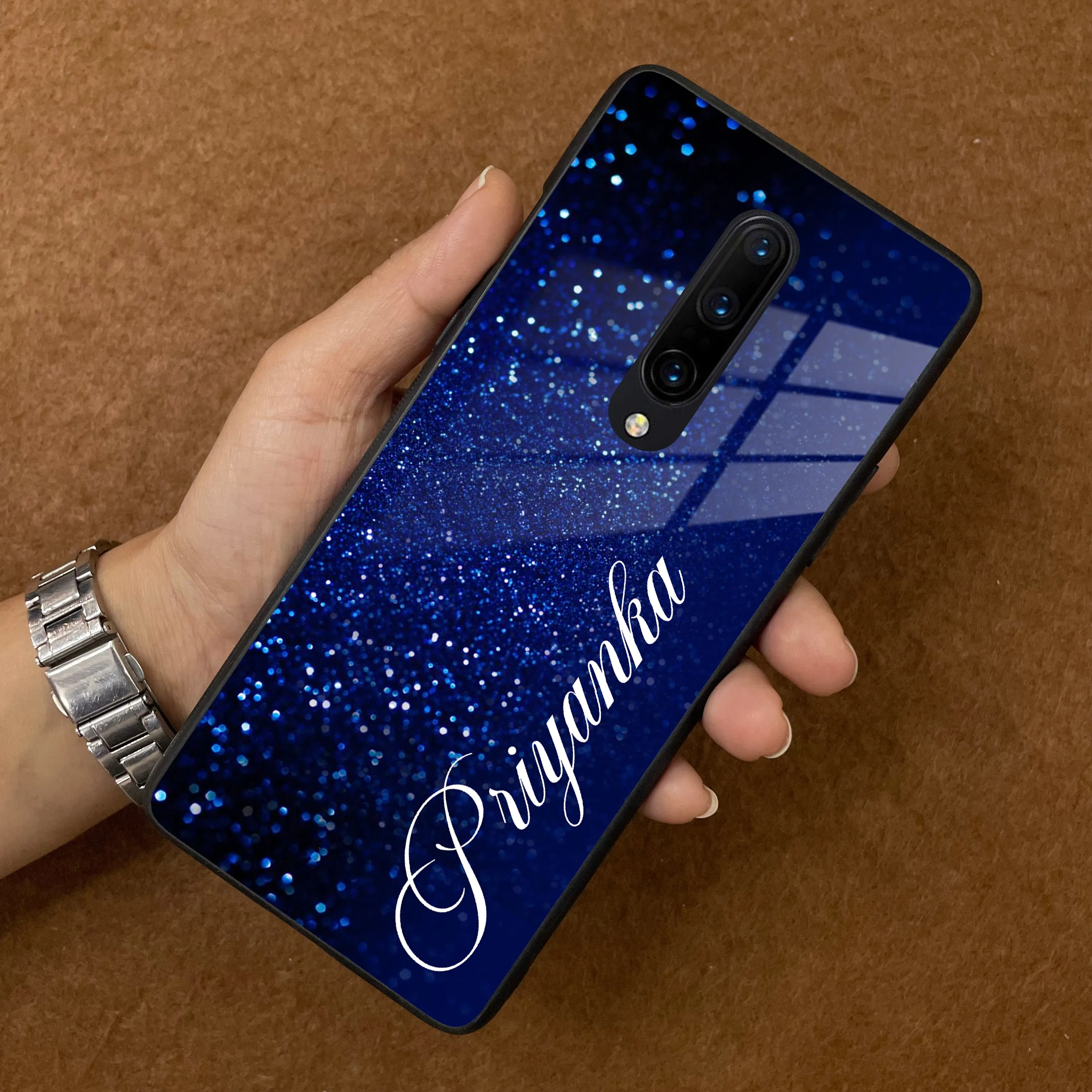 Blue Glitter Customize Glass Case Cover For Oneplus