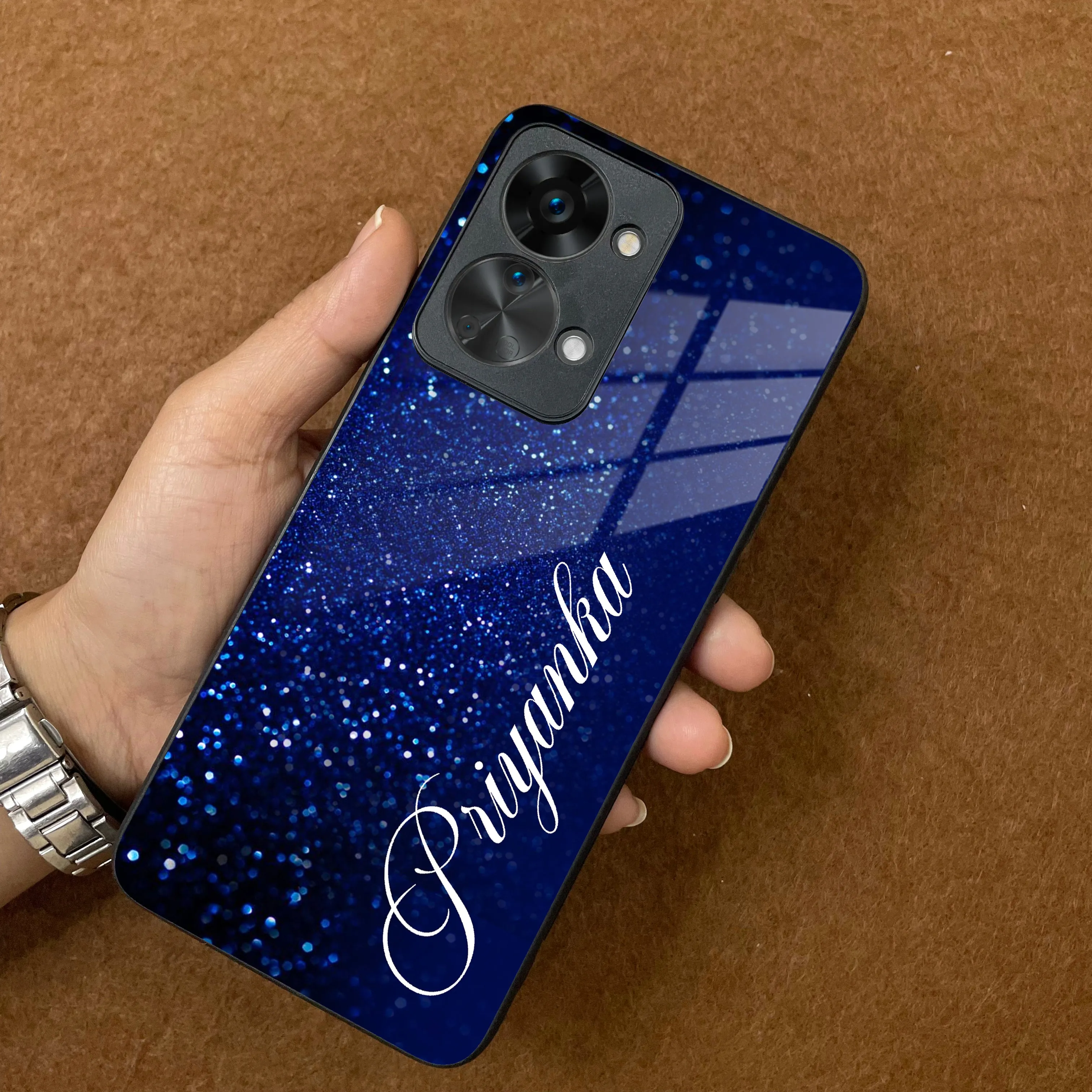 Blue Glitter Customize Glass Case Cover For Oneplus