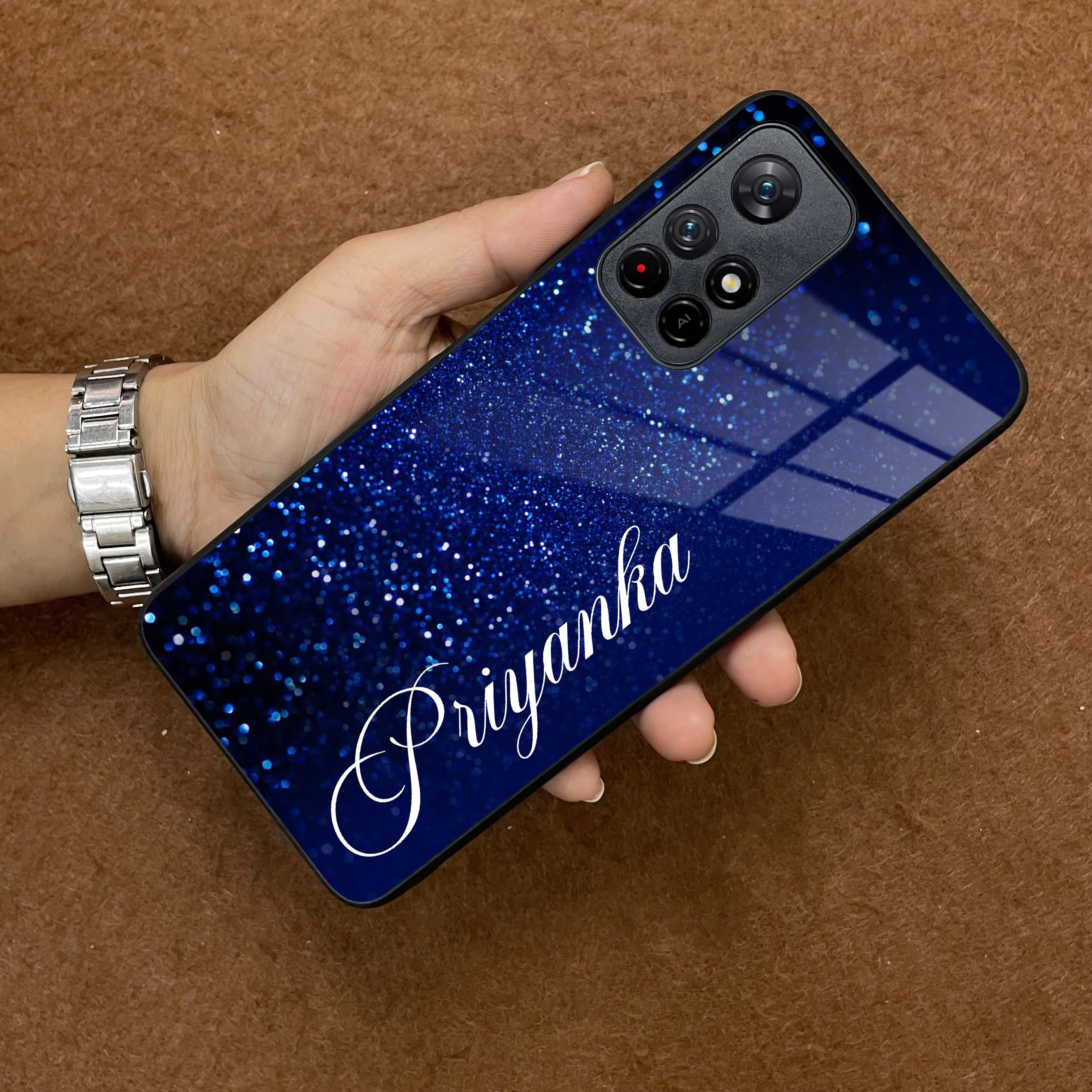 Blue Glitter Customize Glass Case Cover For Poco