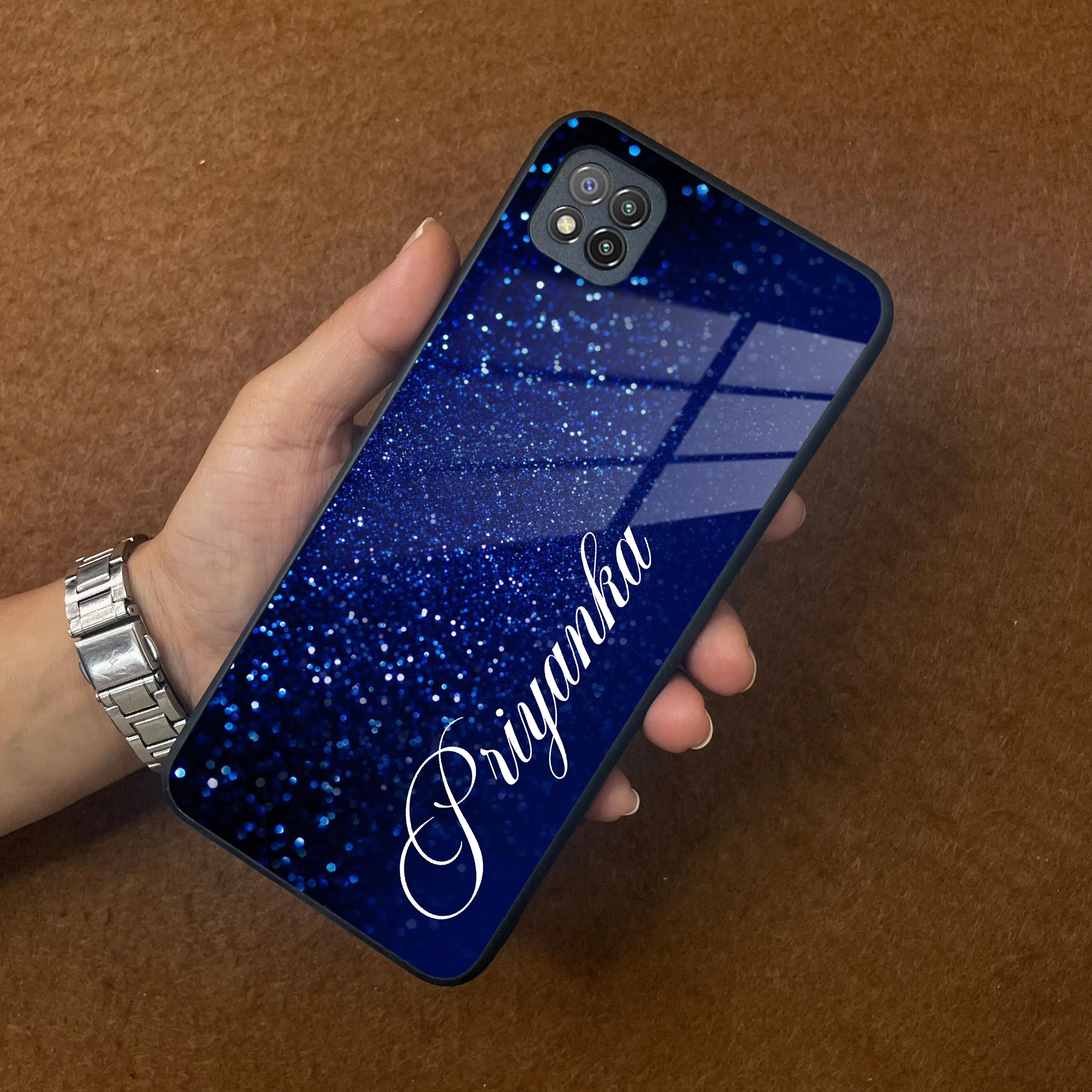 Blue Glitter Customize Glass Case Cover For Poco