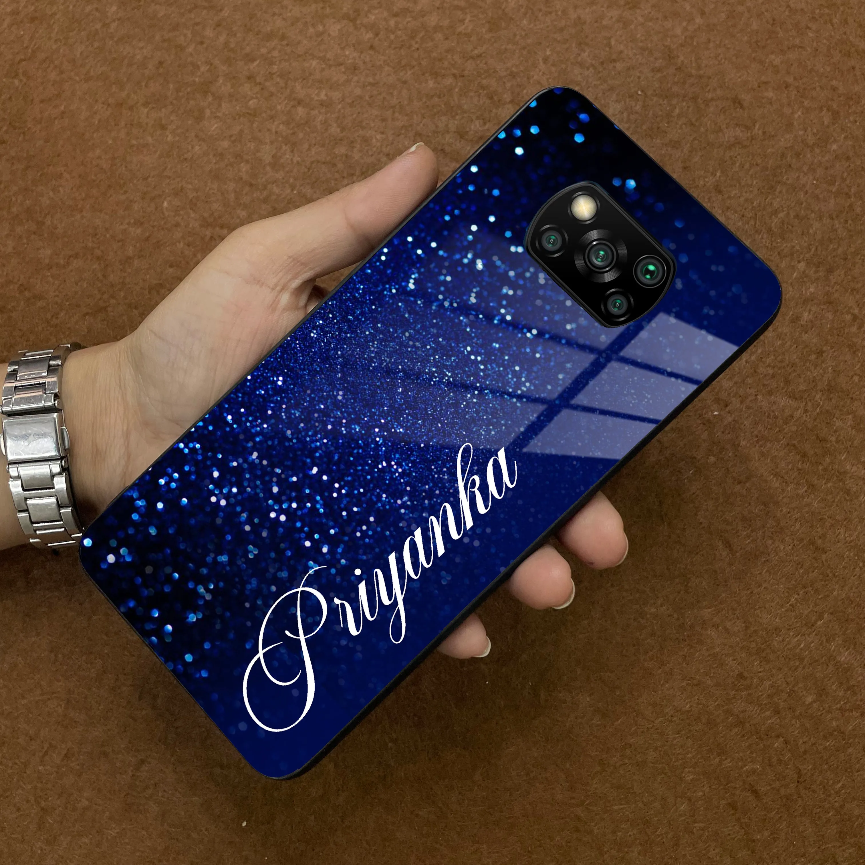 Blue Glitter Customize Glass Case Cover For Poco