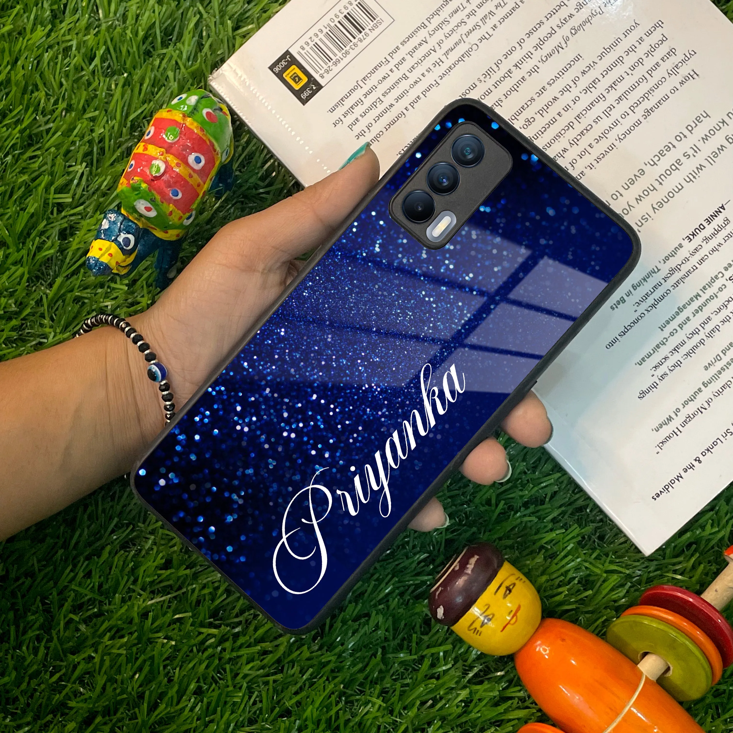 Blue Glitter Customize Glass Case Cover For Realme/Narzo