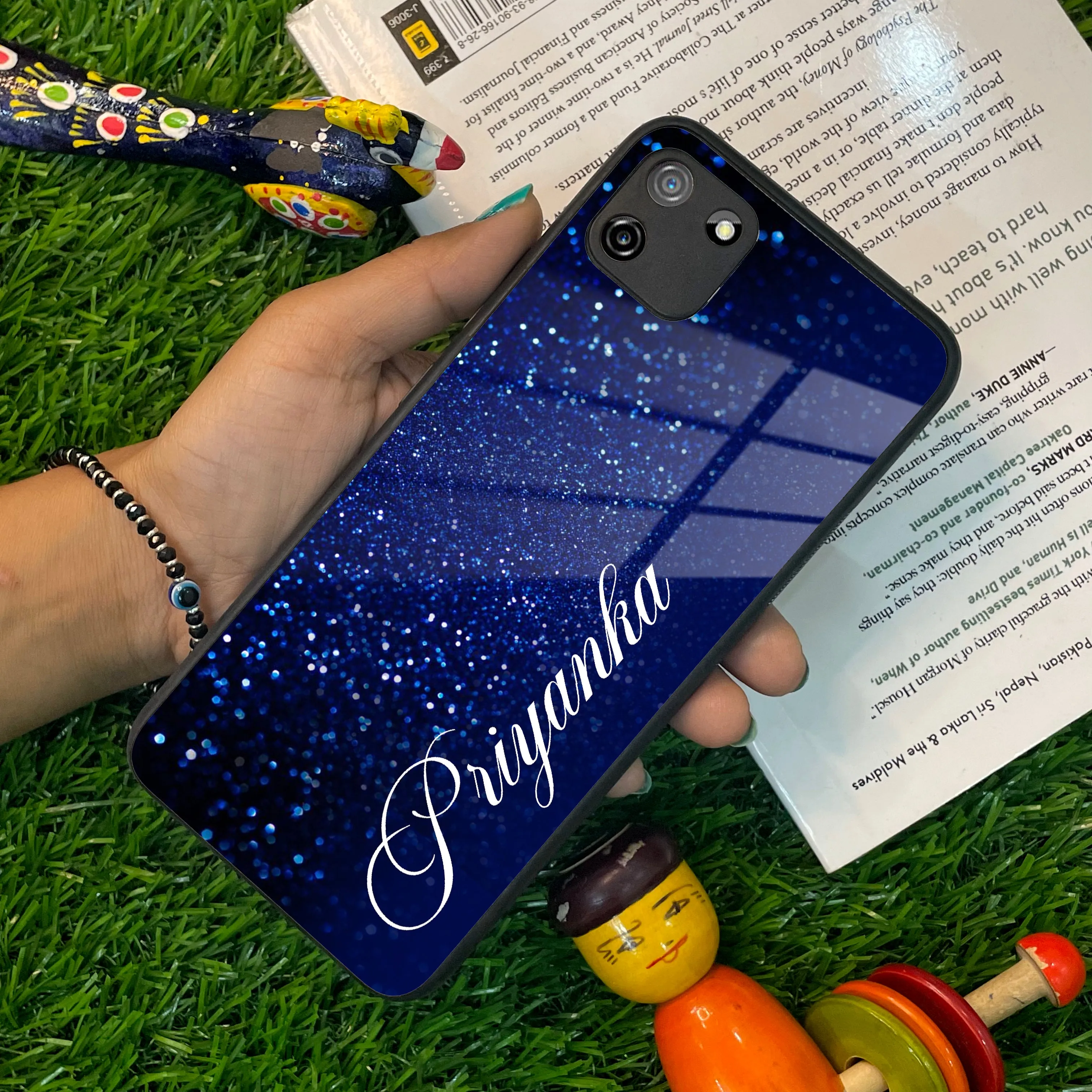 Blue Glitter Customize Glass Case Cover For Realme/Narzo